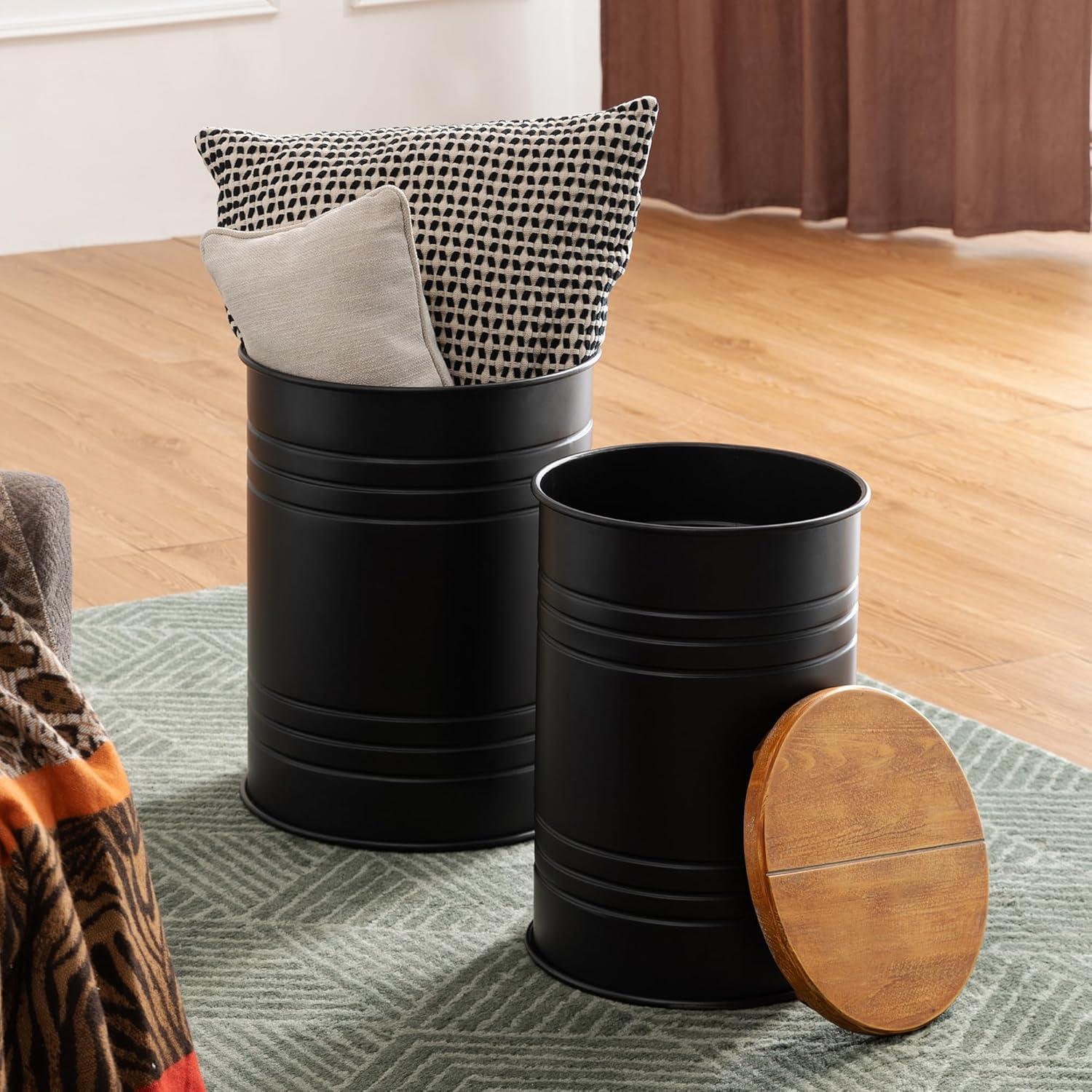 Rustic Storage Ottoman Seat Stool, Farmhouse Accent Side Table, Antique Galvanized Metal End Table Box Bin with Round Wooden Lid Set of 2 (Black)