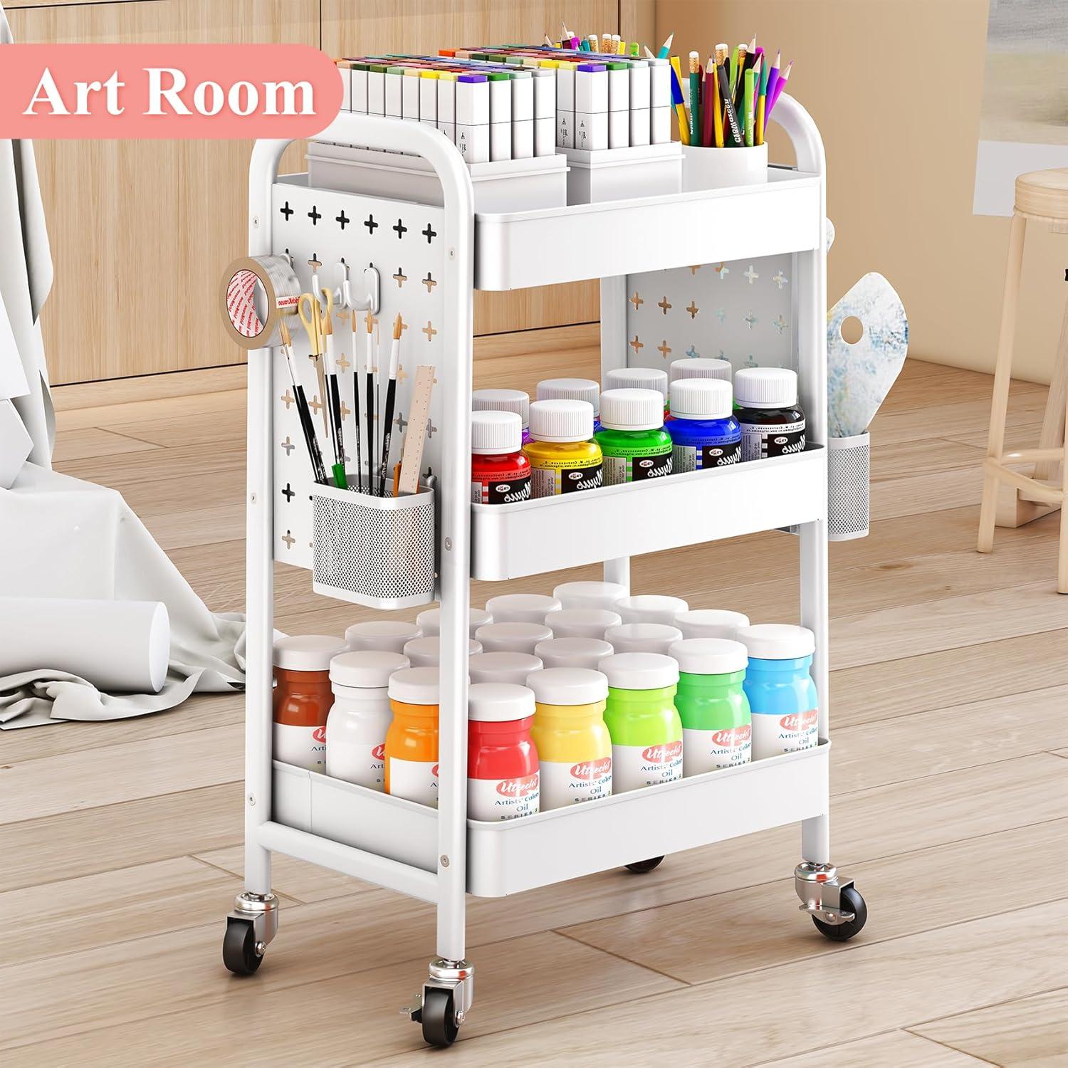 Rolling Utility 3 Tier Organizer Cart with Wheels - Metal Craft Storage Cart with DIY Dual Pegboards, Removable Baskets Hooks for Office, Home, Kitchen, Classroom (Green)