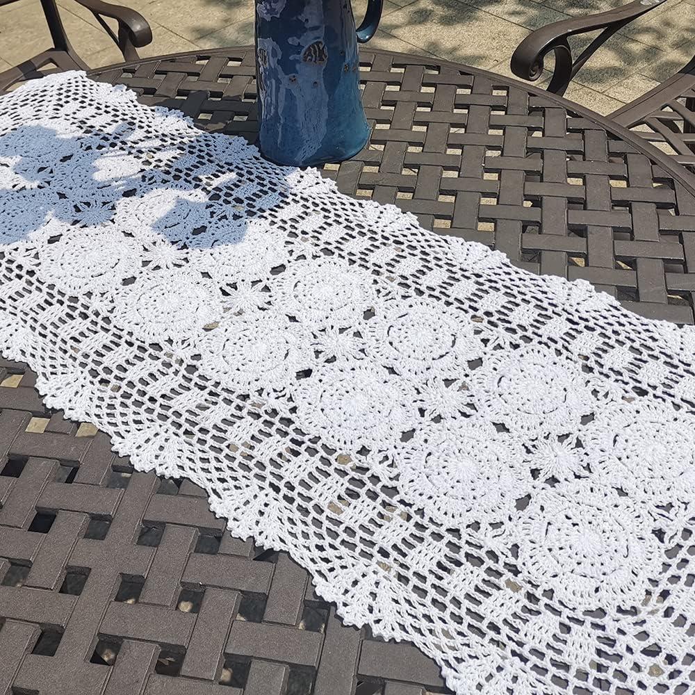 Phantomon Lace Table Runner Rectangular Table Cover Cloth Handmade Crochet Floral Placemats 100% Cotton (Floral Beige, 15x28Inch)