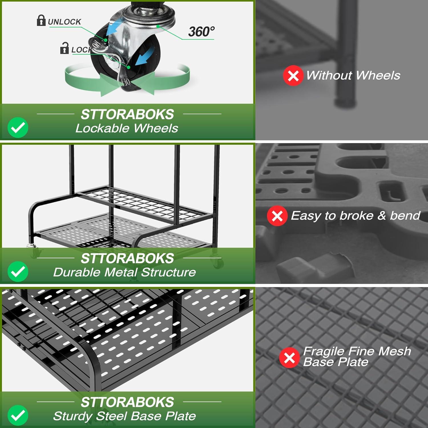 Sttoraboks Garden Tool Organizer with Wheels, Yard Tool Rack for Garage Organization and Storage, Heavy Duty Steel Tool Holder with Hooks, Garden Tool Stand for Basement, Outdoor, Home, Black