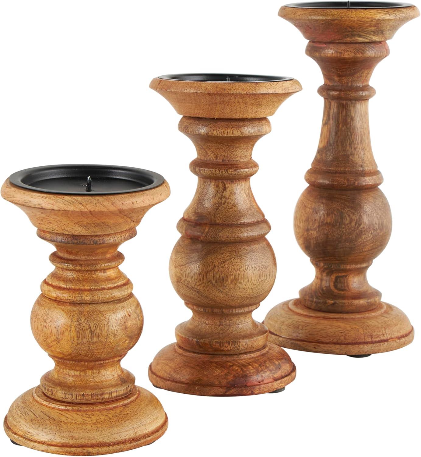 DecMode Traditional and Timeless Mango Wood Pillar Candle Holder Set of 3, 4", 8", 10"H, Brown Finish