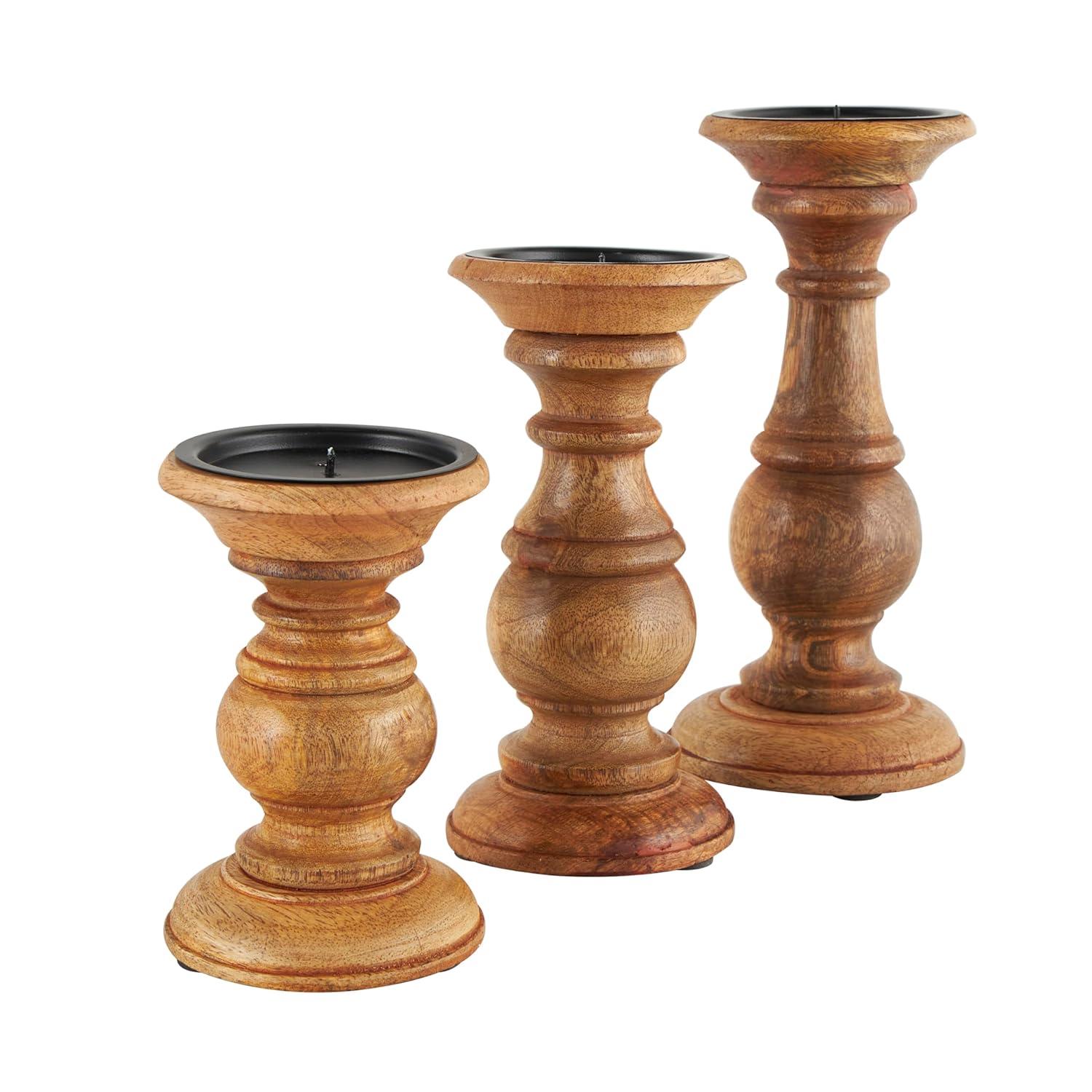 DecMode Traditional and Timeless Mango Wood Pillar Candle Holder Set of 3, 4", 8", 10"H, Brown Finish