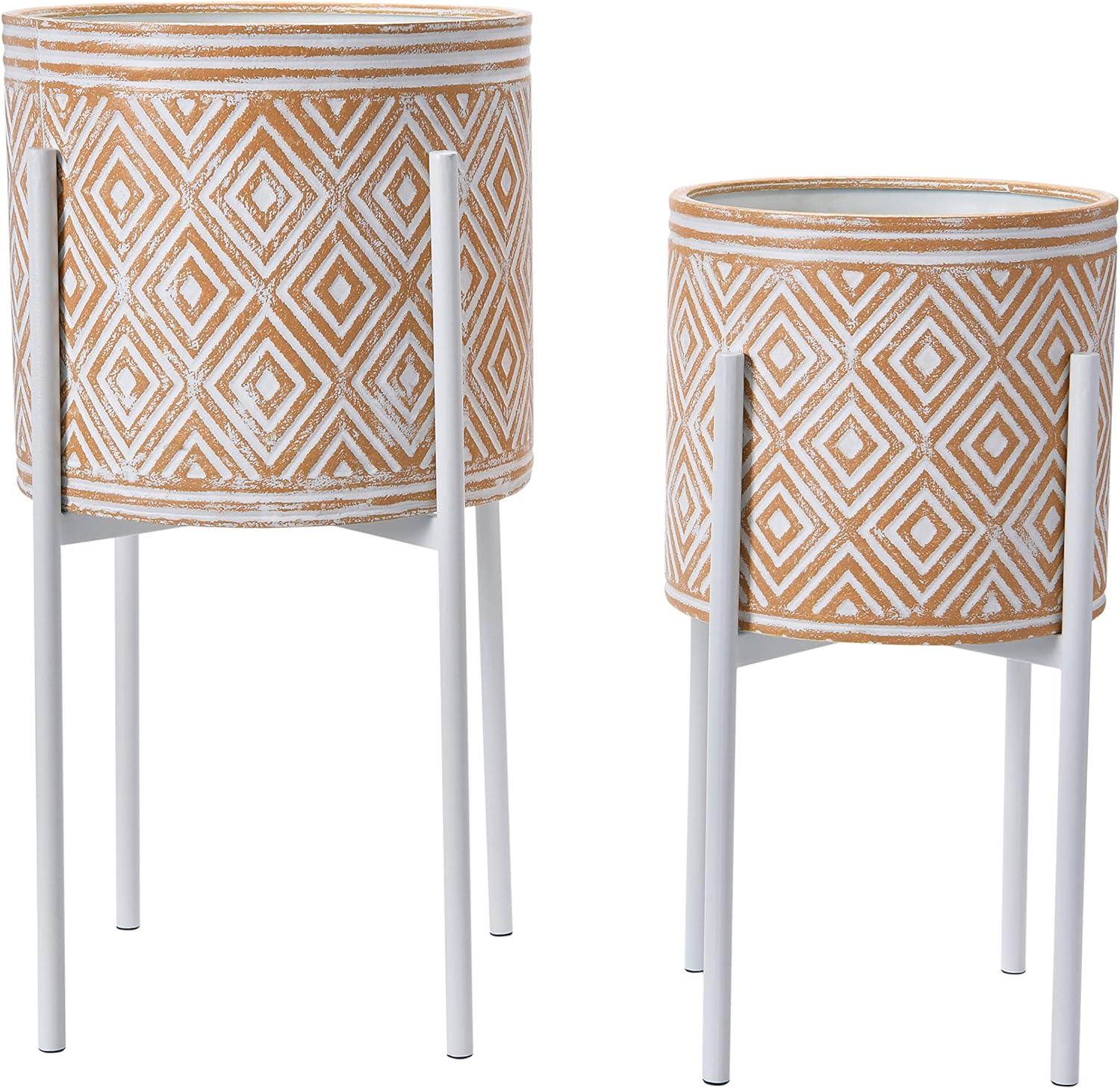 Main + Mesa Modern Boho Embossed Metal Planters with Stands, White and Terracotta, Set of 2 Sizes