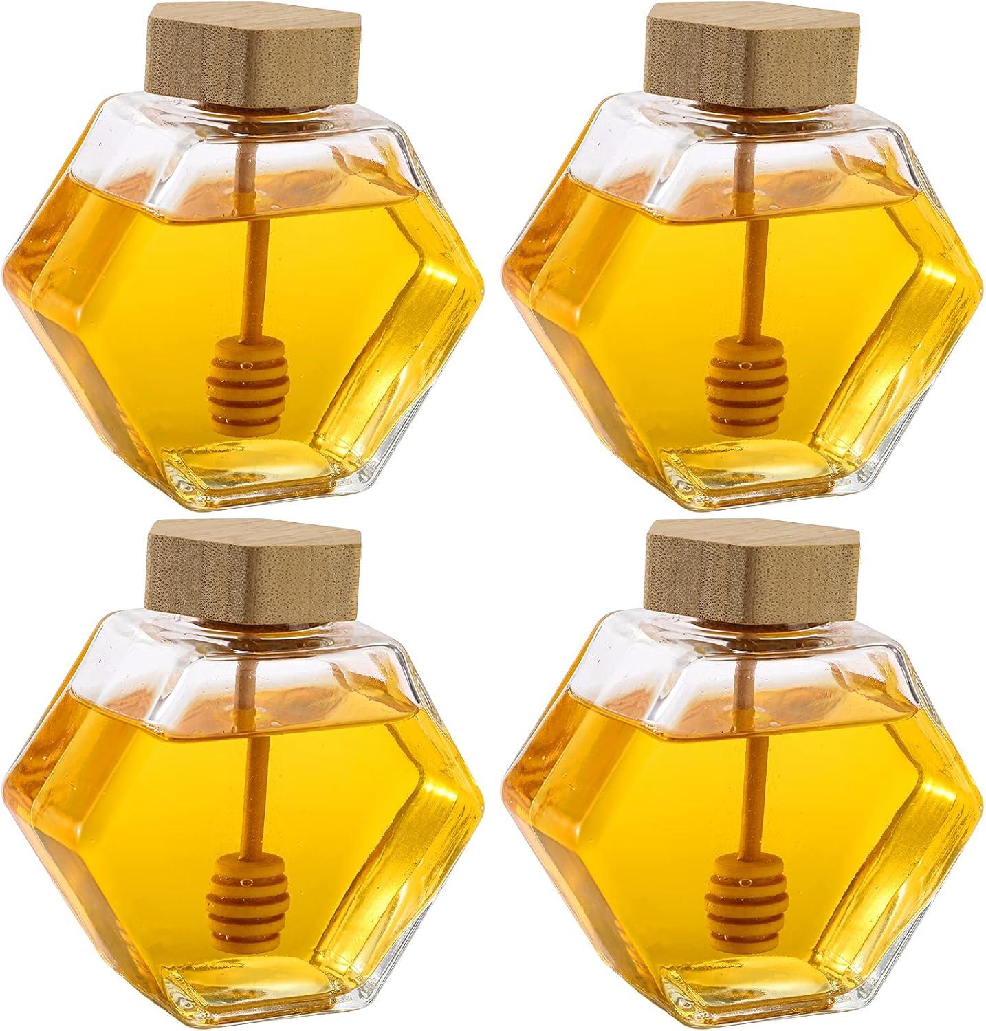 Hexagonal Clear Glass Honey Pots with Wooden Dippers, 7 oz, Set of 4