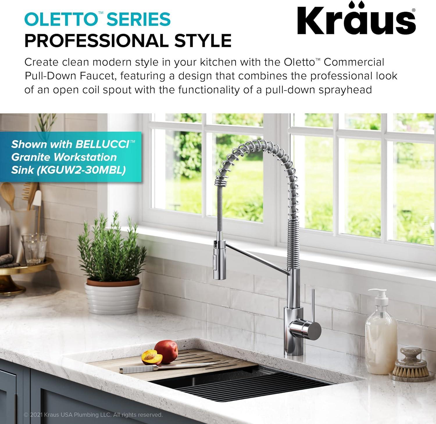 KRAUS Oletto Commercial Style Single Handle Pull Down Kitchen Faucet with QuickDock Top Mount Installation Assembly