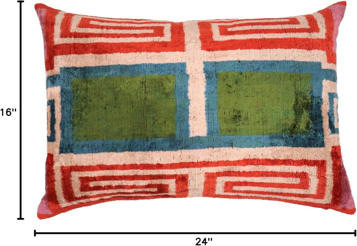 Handmade Luxury Velvet Throw Pillow with Down Feather Insert, 16"x24", Red, Green, Blue, and Cream Geometric Pattern, Decorative Cushion for Living Room, Bedroom, and Home Décor