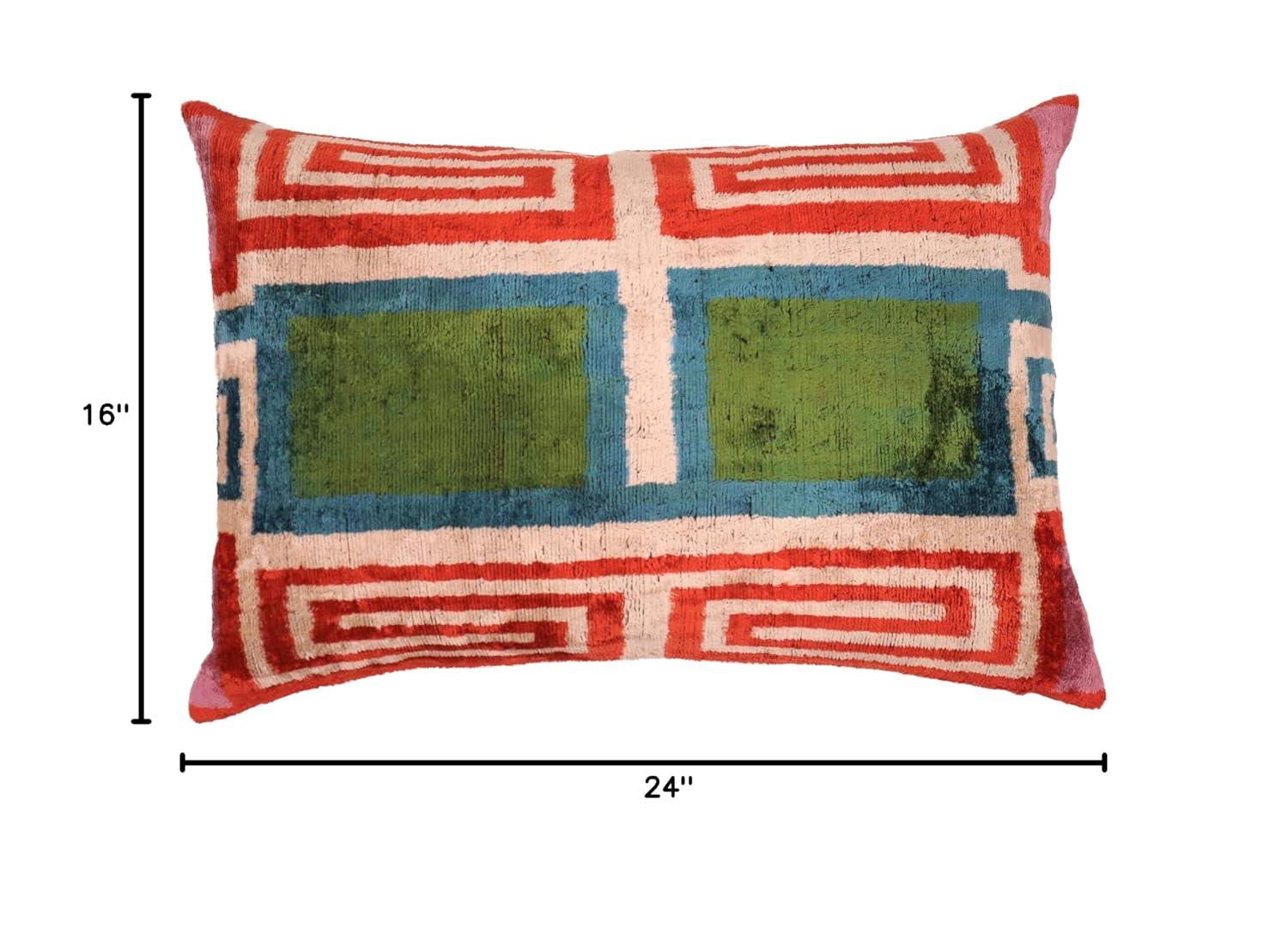 Handmade Luxury Velvet Throw Pillow with Down Feather Insert, 16"x24", Red, Green, Blue, and Cream Geometric Pattern, Decorative Cushion for Living Room, Bedroom, and Home Décor