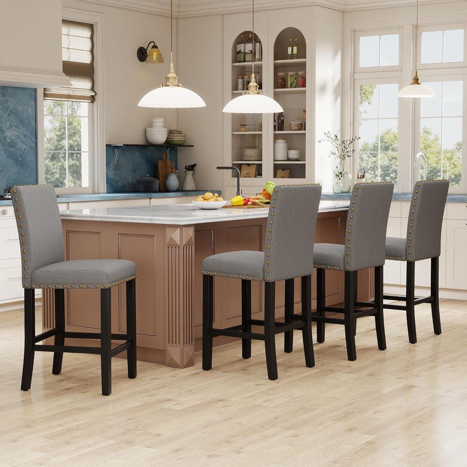 GOTMINSI Counter Height Bar Stool, Classic Upholstered 24 Inches Counter Height Stools Set of 4 barstools with Solid Wood Legs and Grey Fabric