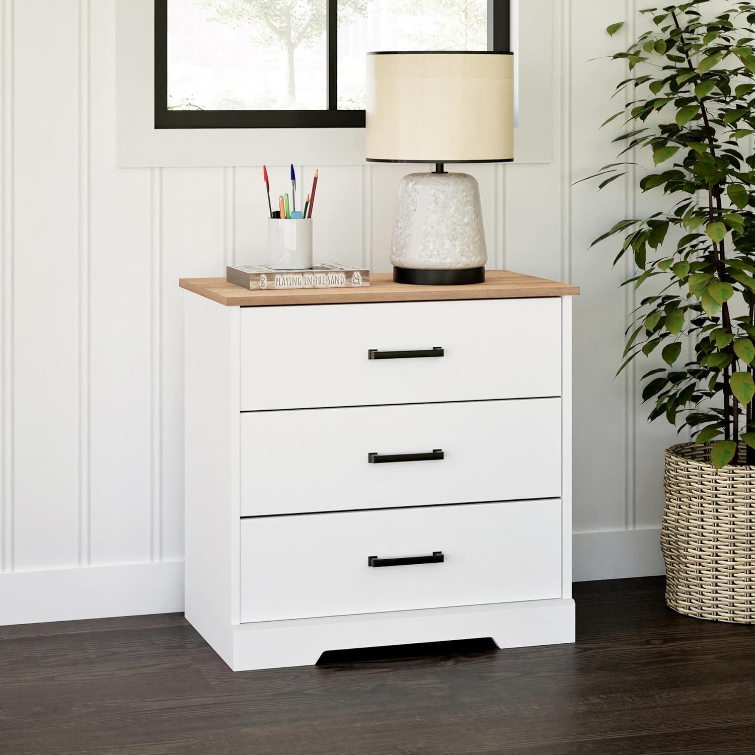 White and Oak 3-Drawer Farmhouse Nightstand