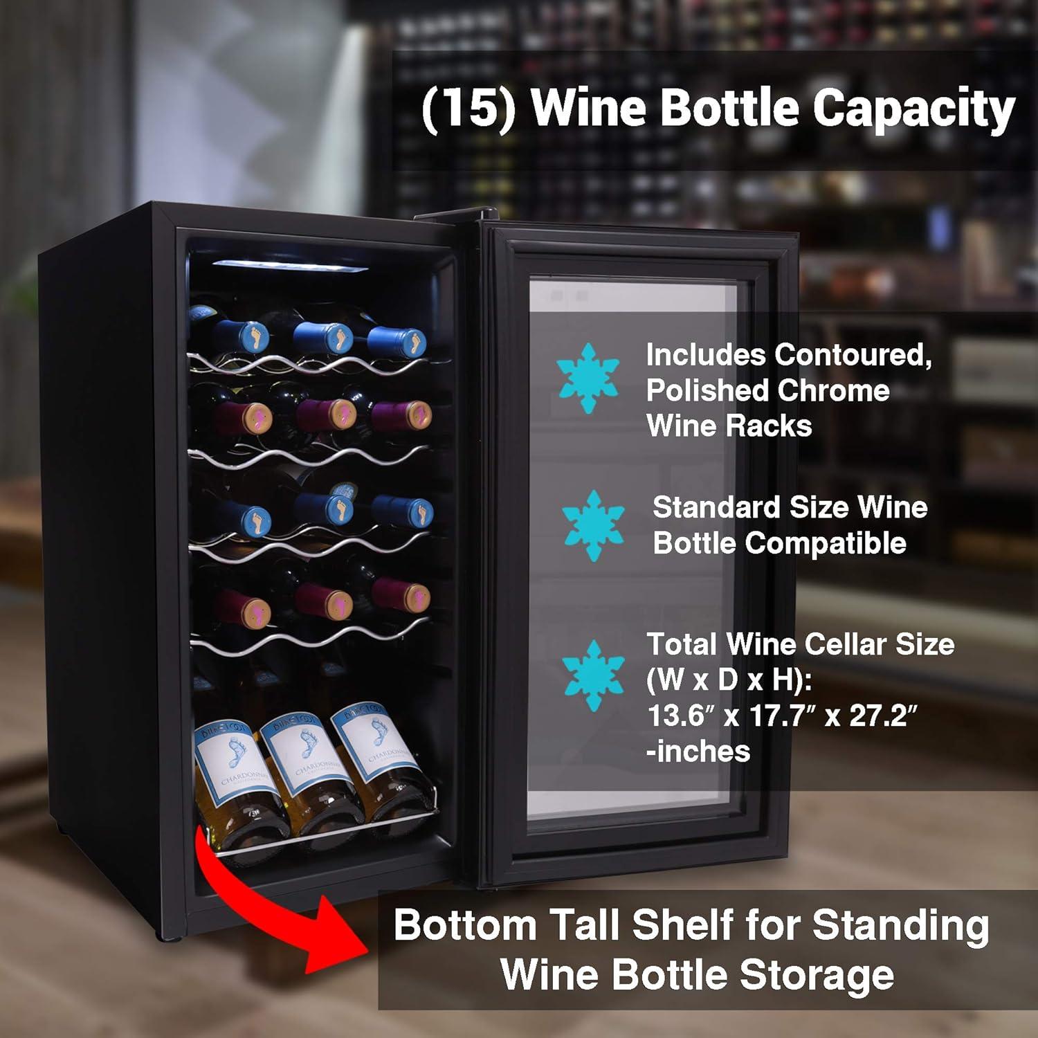 NutriChef PKCWC150 - Wine Chilling Refrigerator Cellar - Touch Button Control with Air Tight Seal, Contains Placement for Standing Bottles (15 Bottle Storage Capacity)