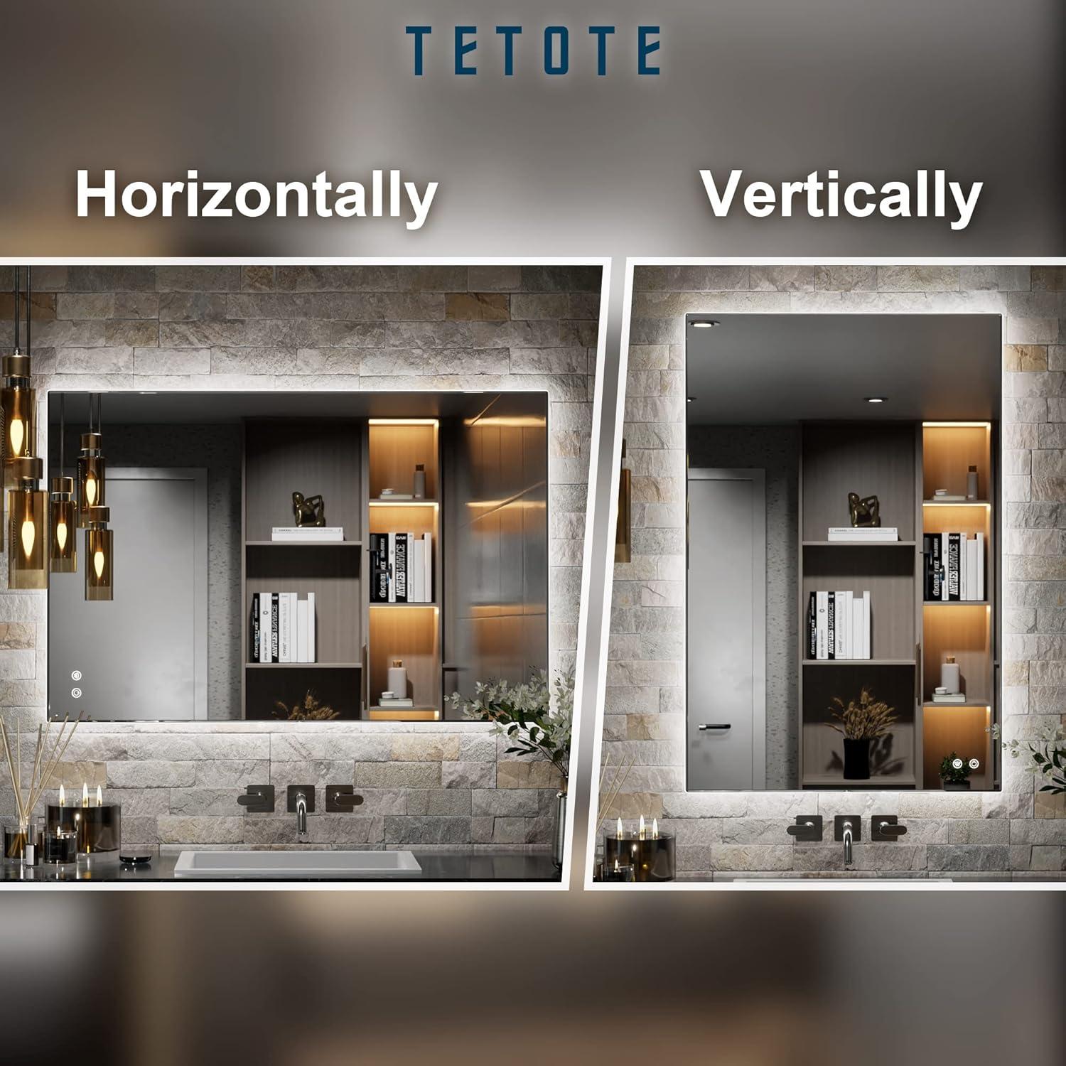 TETOTE 24 x 36 Inch LED Mirror Backlit Bathroom,Anti-Fog Mirror with Light,Dimmable,CRI90+,IP54 Water Proof,Wall Mounted Vanity Lighted,Horizontal/Vertical