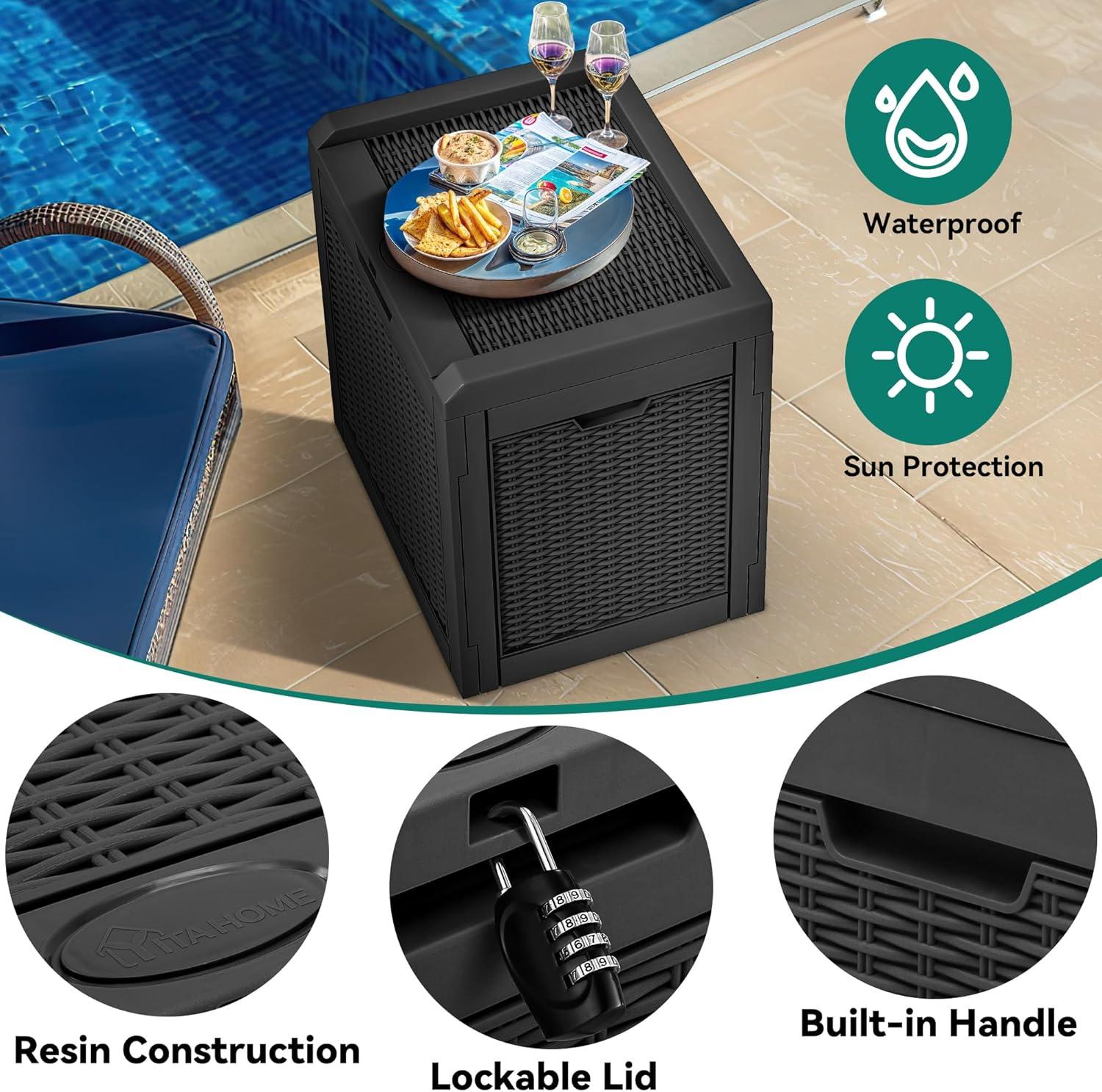 YITAHOME 32 Gallon Rattan Deck Box, Indoor Outdoor Storage Box for Patio Furniture, Pool Accessories, Cushions, Garden Tools, Sports Equipment, Waterproof Resin with Lockable Lid & Side Handles, Black