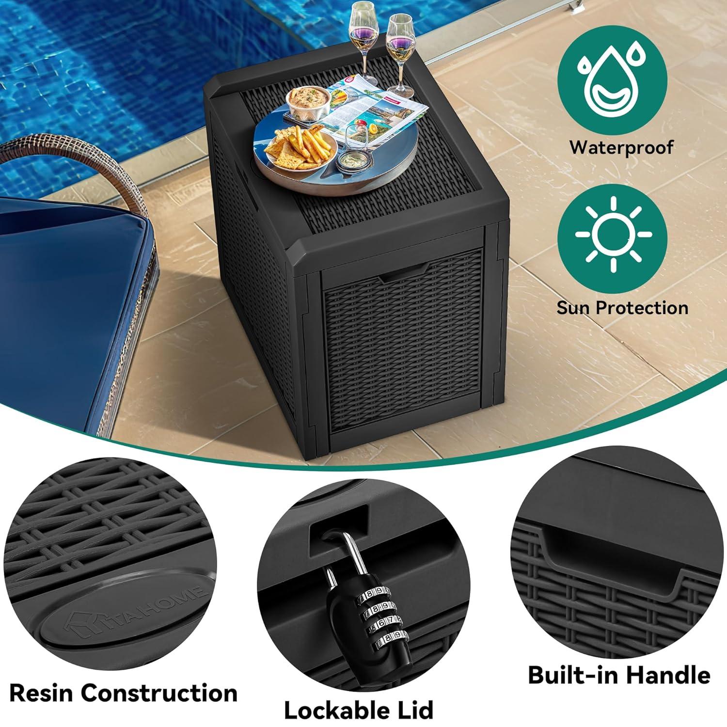 YITAHOME 32 Gallon Rattan Deck Box, Indoor Outdoor Storage Box for Patio Furniture, Pool Accessories, Cushions, Garden Tools, Sports Equipment, Waterproof Resin with Lockable Lid & Side Handles, Black