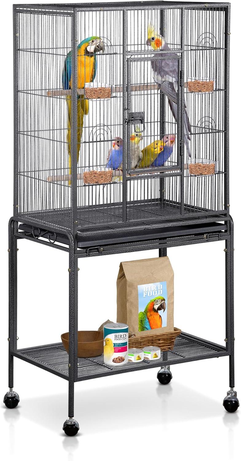 SUPER DEAL 53-Inch Rolling Bird Cage Large Wrought Iron Cage for Cockatiel Sun Conure Parakeet Finch Budgie Lovebird Canary Medium Pet House with Rolling Stand & Storage Shelf