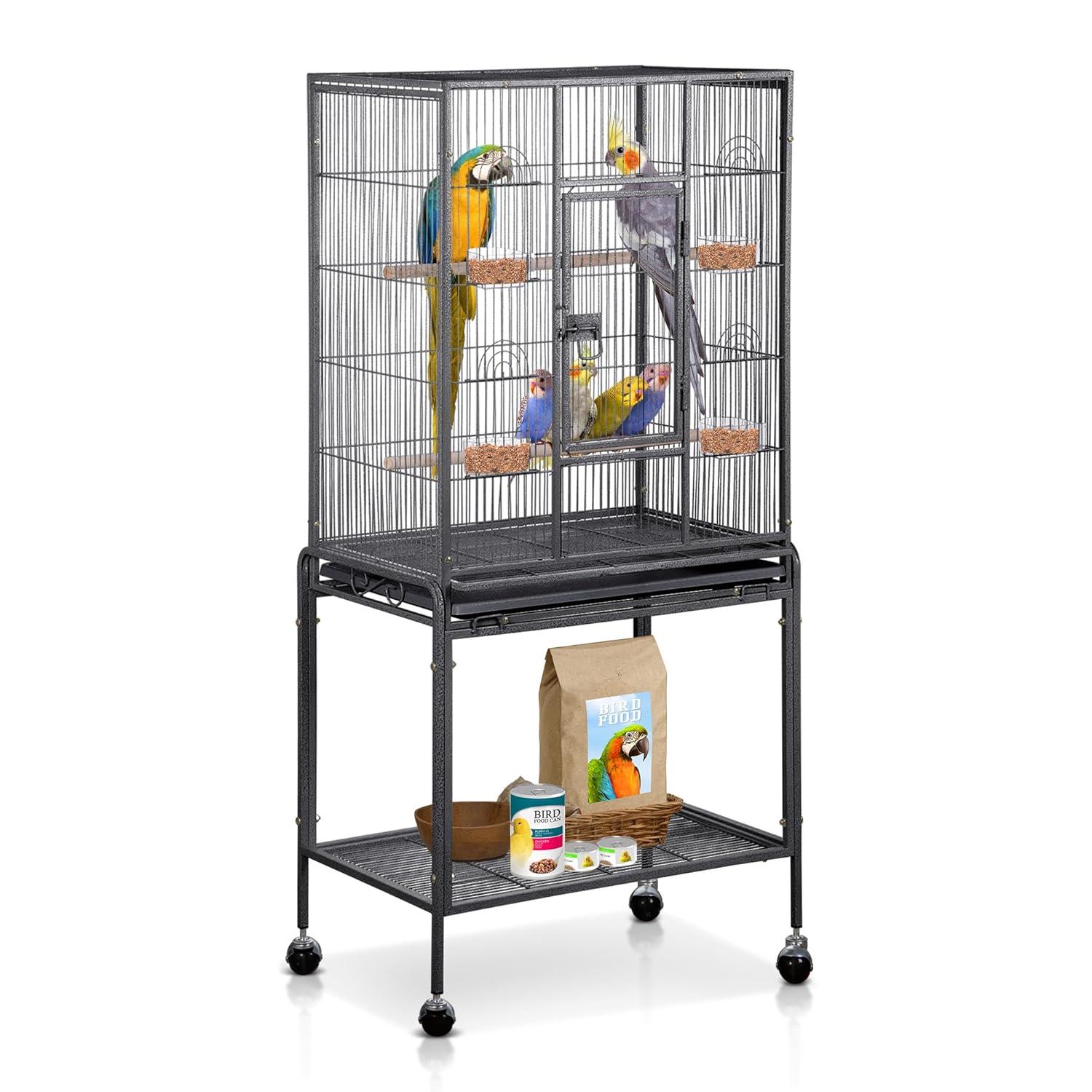 SUPER DEAL 53-Inch Rolling Bird Cage Large Wrought Iron Cage for Cockatiel Sun Conure Parakeet Finch Budgie Lovebird Canary Medium Pet House with Rolling Stand & Storage Shelf