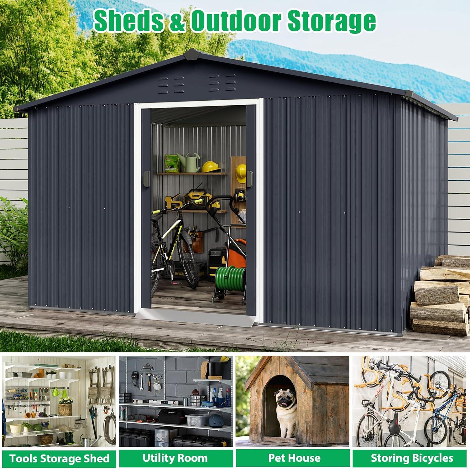 Adoolla 10'x12' Outdoor Storage Shed, Metal Tool Shed with Lockable Sliding Doors for Backyard, Garden, Lawn