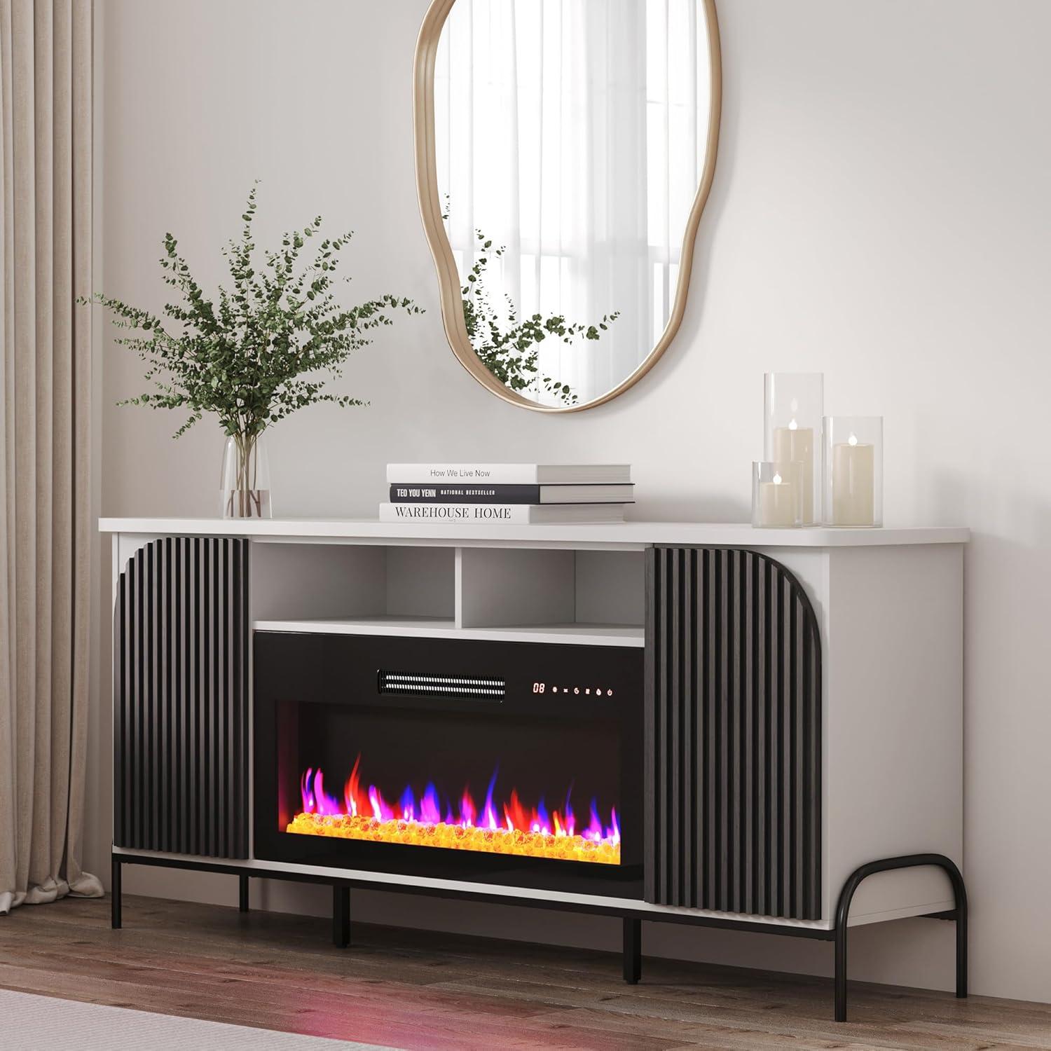 BELLEZE 68 Inch Fluted TV Stands with 36" Electric Fireplace, Modern Fluted Entertainment Center with Open Storage Shelves& Cabinets, Media Console TV Cabinet For Living Room Bedroom (White)