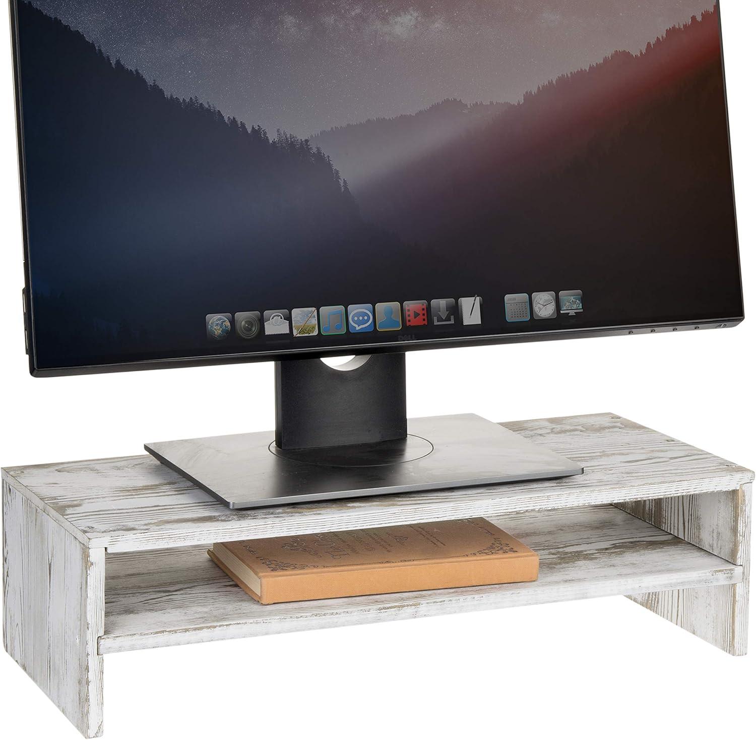 Rustic Whitewashed Wood 2-Tier Monitor Riser Stand