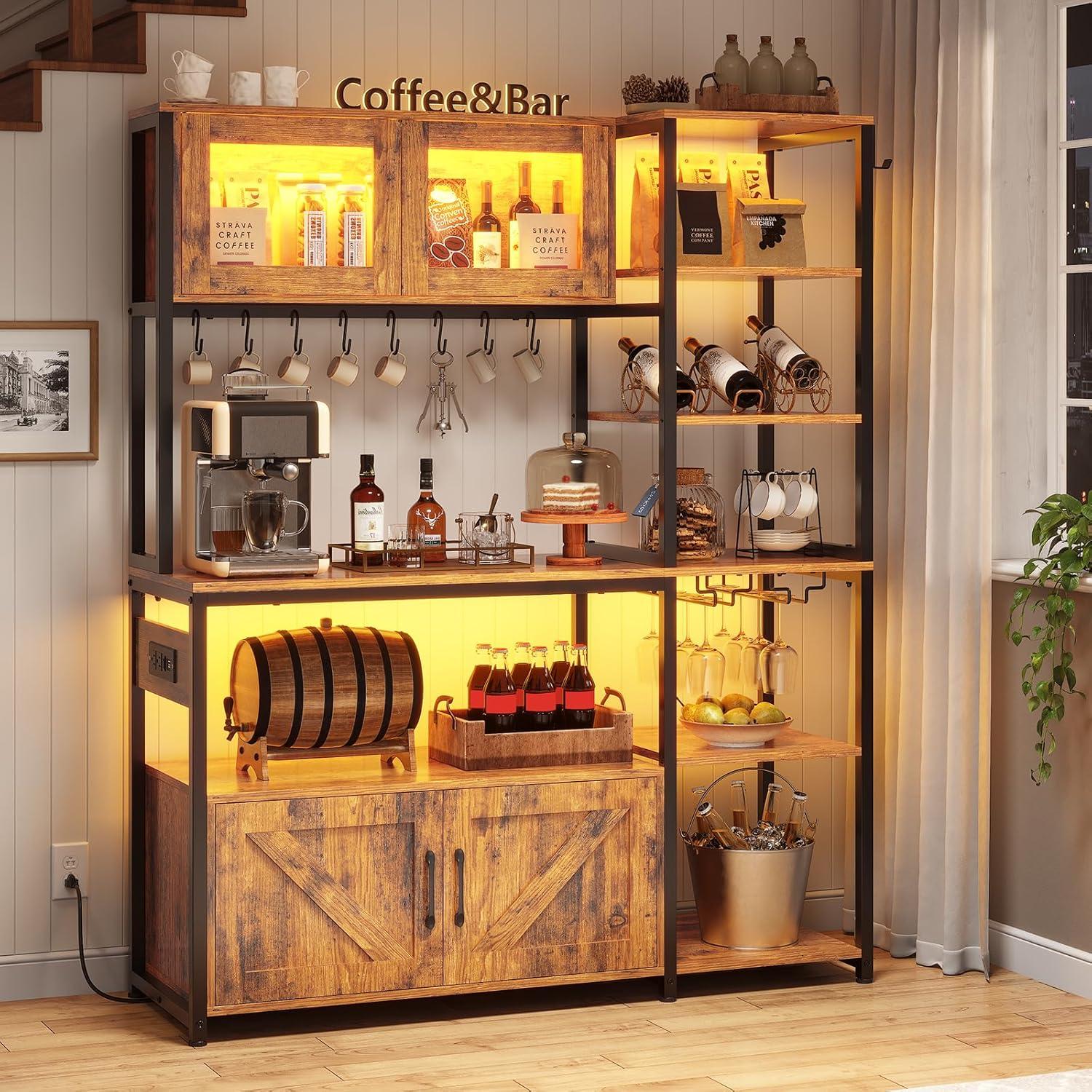 Bakers Rack with Power Outlet and LED Light, 45.3 Inch Farmhouse Coffee Bar Cabinet, Kitchen Microwave Stand with Storage, Glass Cabinet, Goblet Holder and 8 Hooks (Rustic Brown)