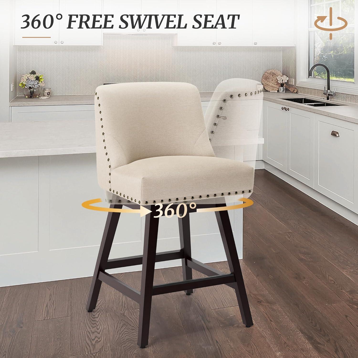 Zoi 26 in. Wood 360 Free Swivel Upholstered Bar Stool with Back, Performance Fabric in Linen. (Set of 3)