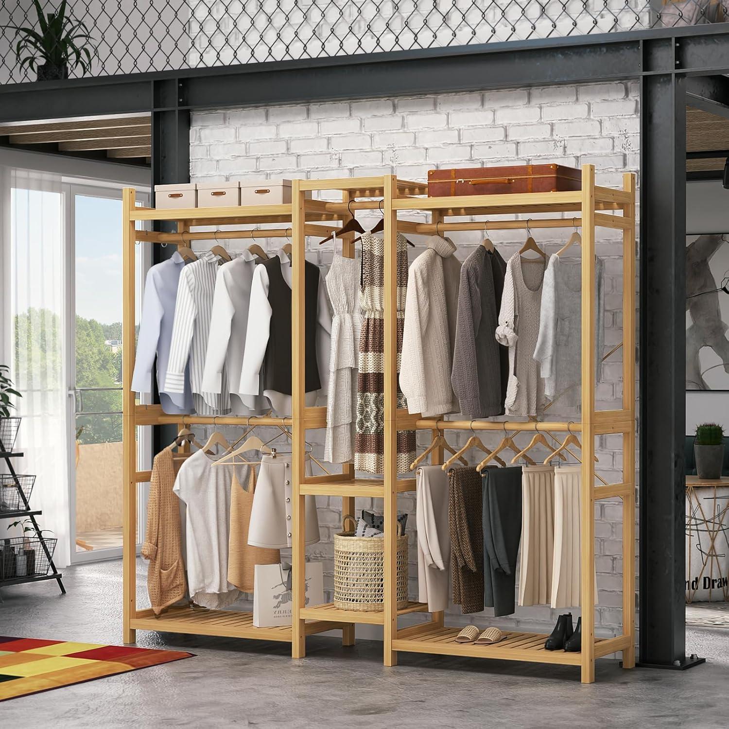 Natural Bamboo Freestanding Closet System with Shelves and Rods