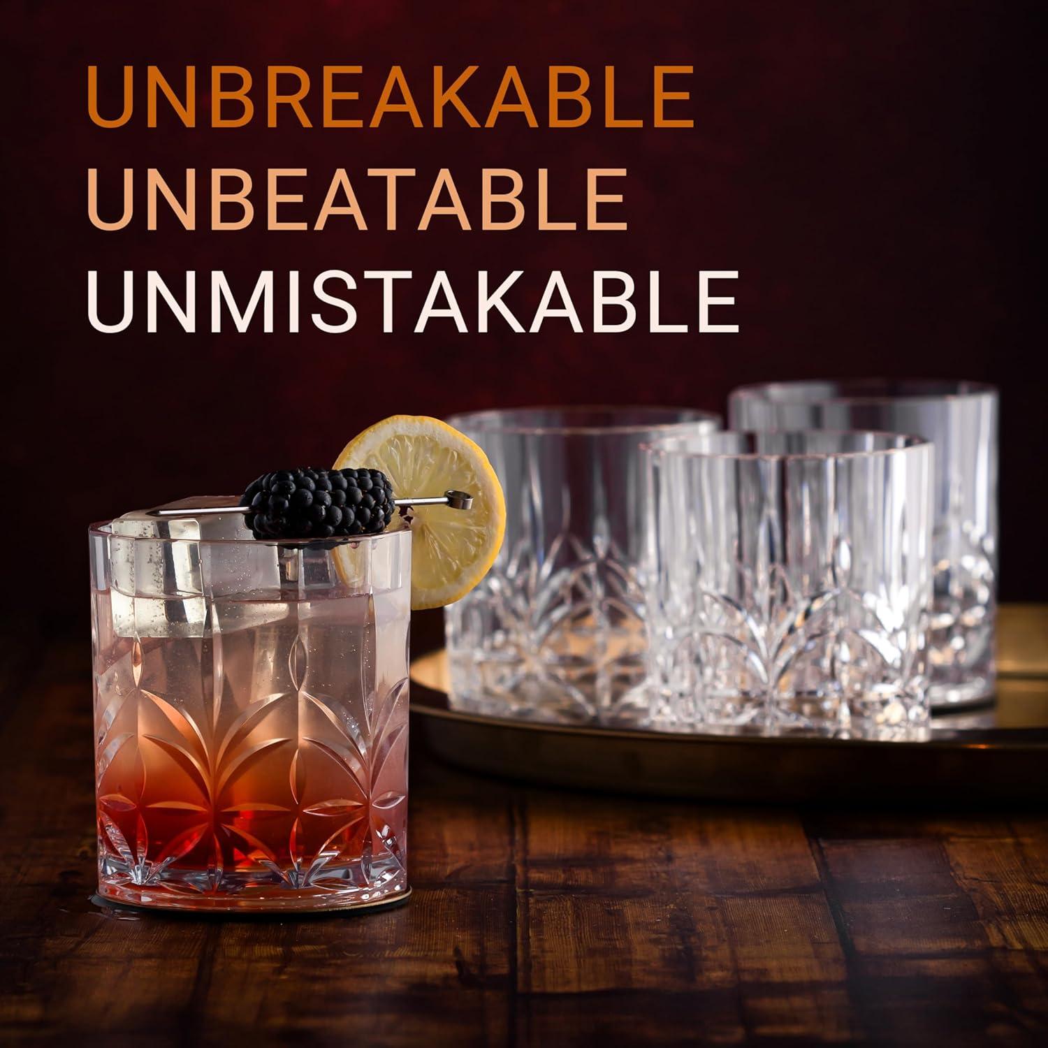 Bravario Unbreakable Plastic Whiskey Glasses | Shatterproof 100% Tritan Double Rocks | Dishwasher-Safe | BPA-free | Perfect for Outdoor Cocktail Bourbon | 13 oz, Set of 6