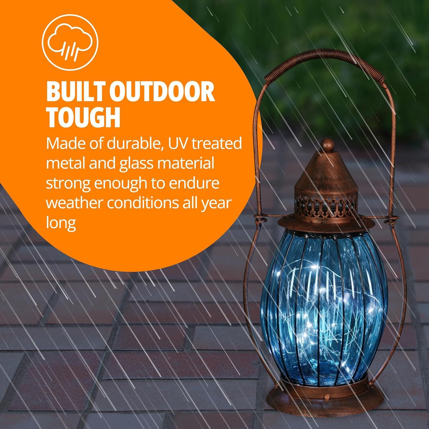 Exhart Exhart Solar Antique Metal and Glass Accent Lantern with Fifteen LED Fairy Firefly String Lights, 7 by 14"