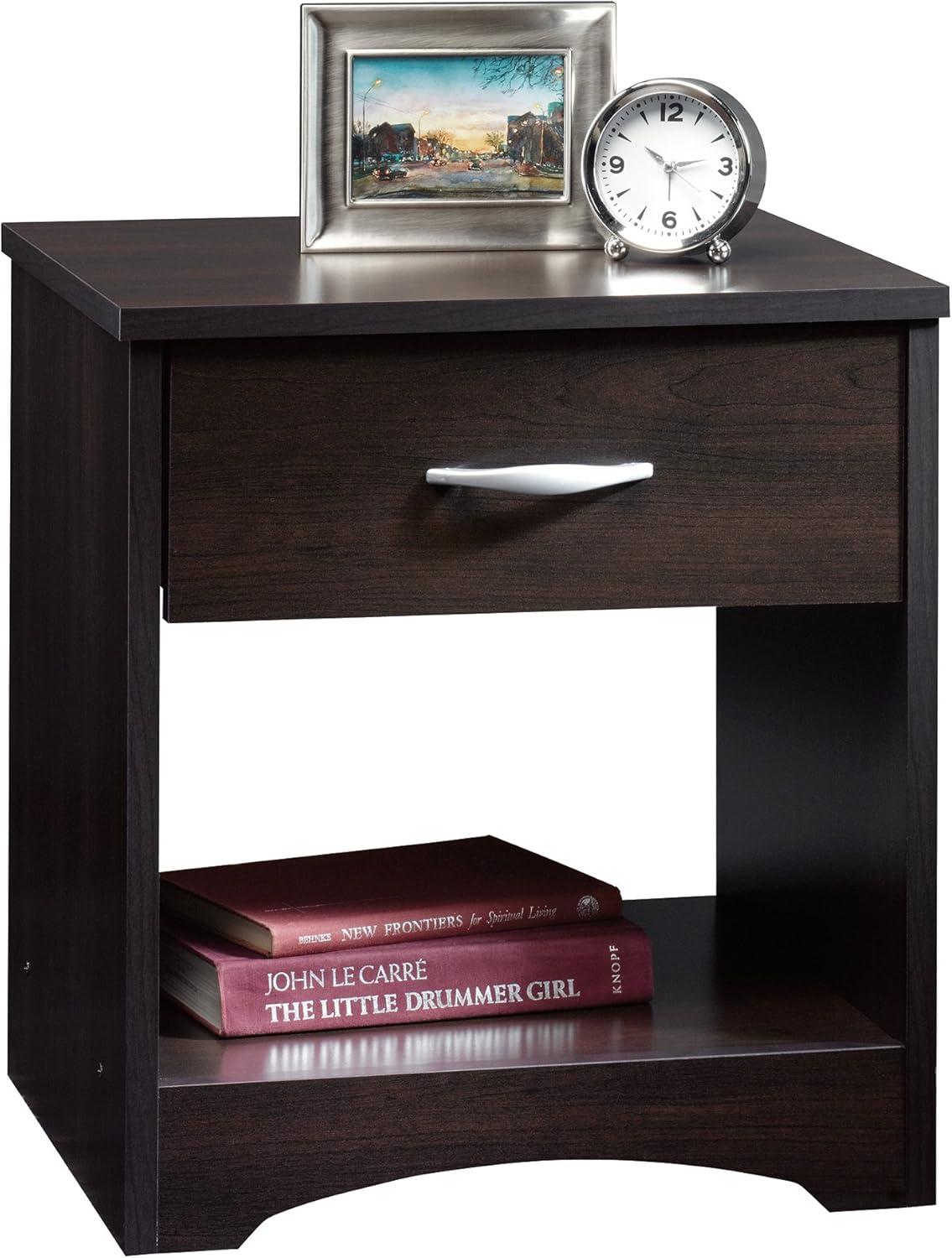 Beginnings Nightstand: Sauder Cinnamon Cherry, Open Shelf, Metal Hardware, CARB Certified