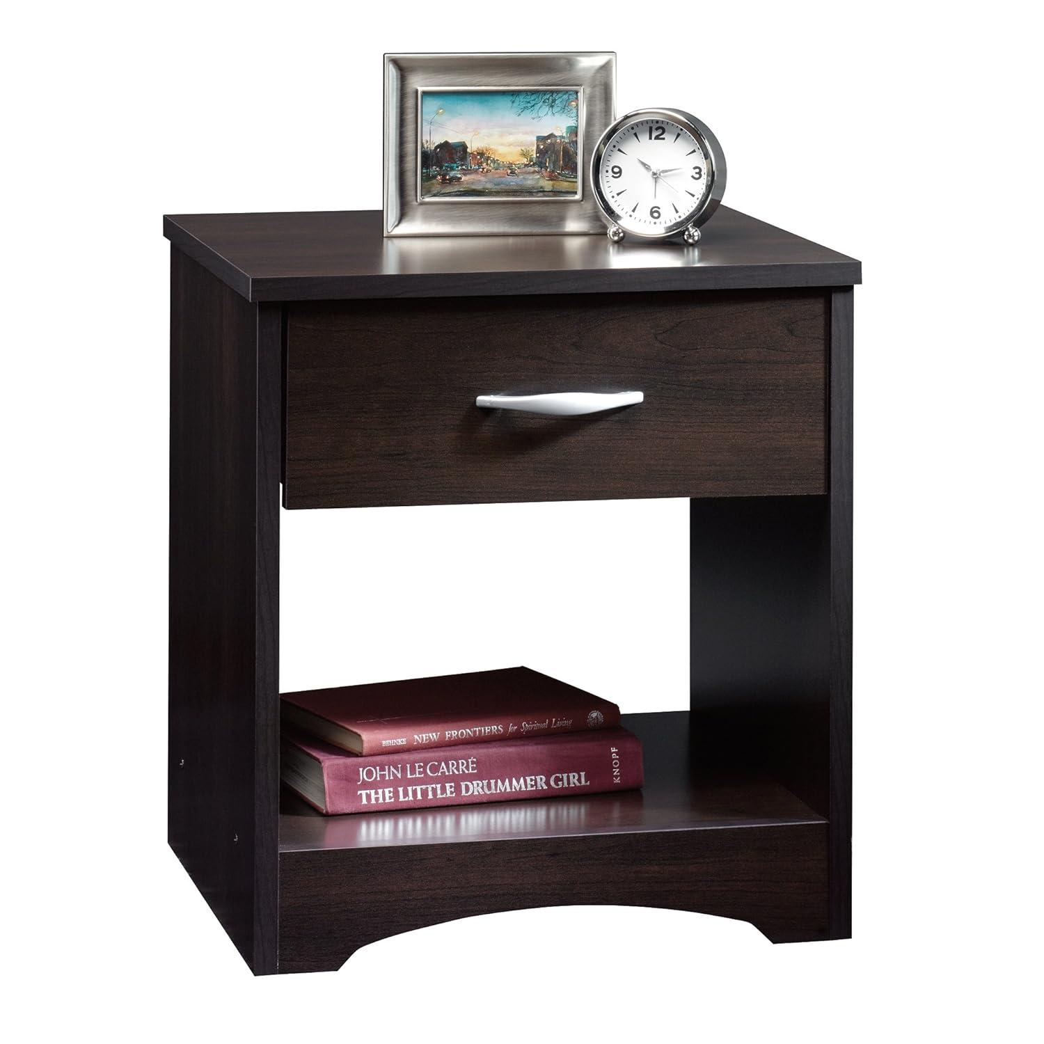 Beginnings Nightstand: Sauder Cinnamon Cherry, Open Shelf, Metal Hardware, CARB Certified