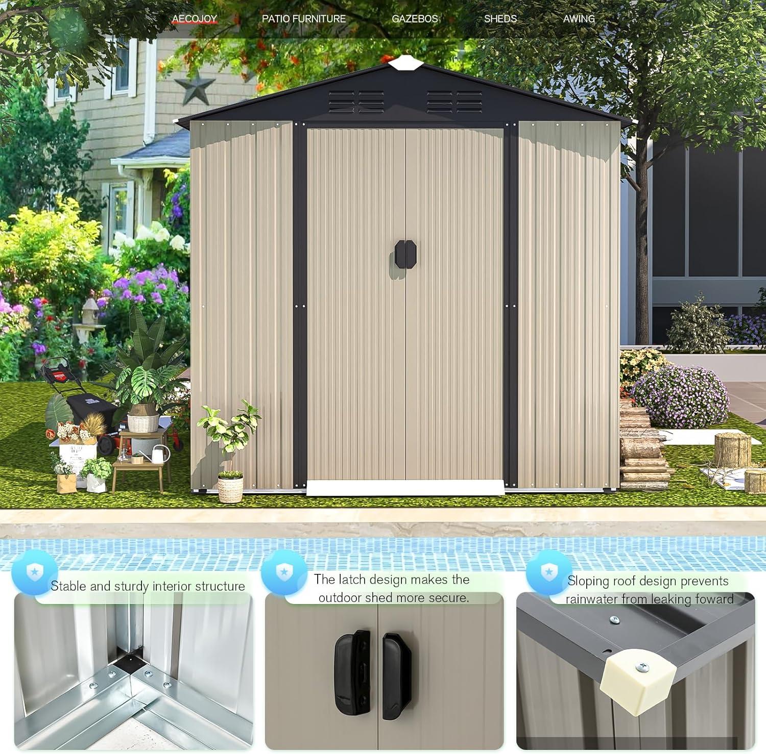 Gray and Brown Metal Outdoor Storage Shed with Lockable Door