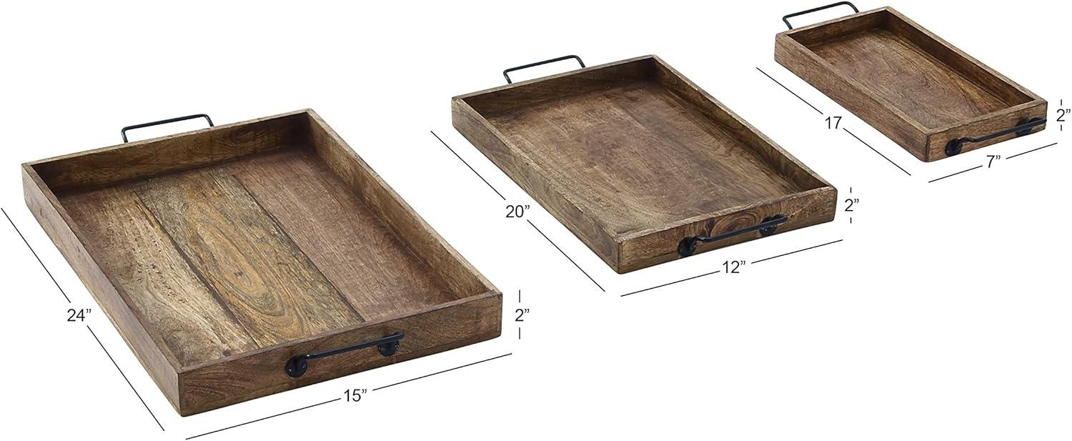 Set of 3 Farmhouse Slat Style Mango Wood and Iron Trays Brown - Olivia & May: Ottoman, Basket Design, 24-Inch