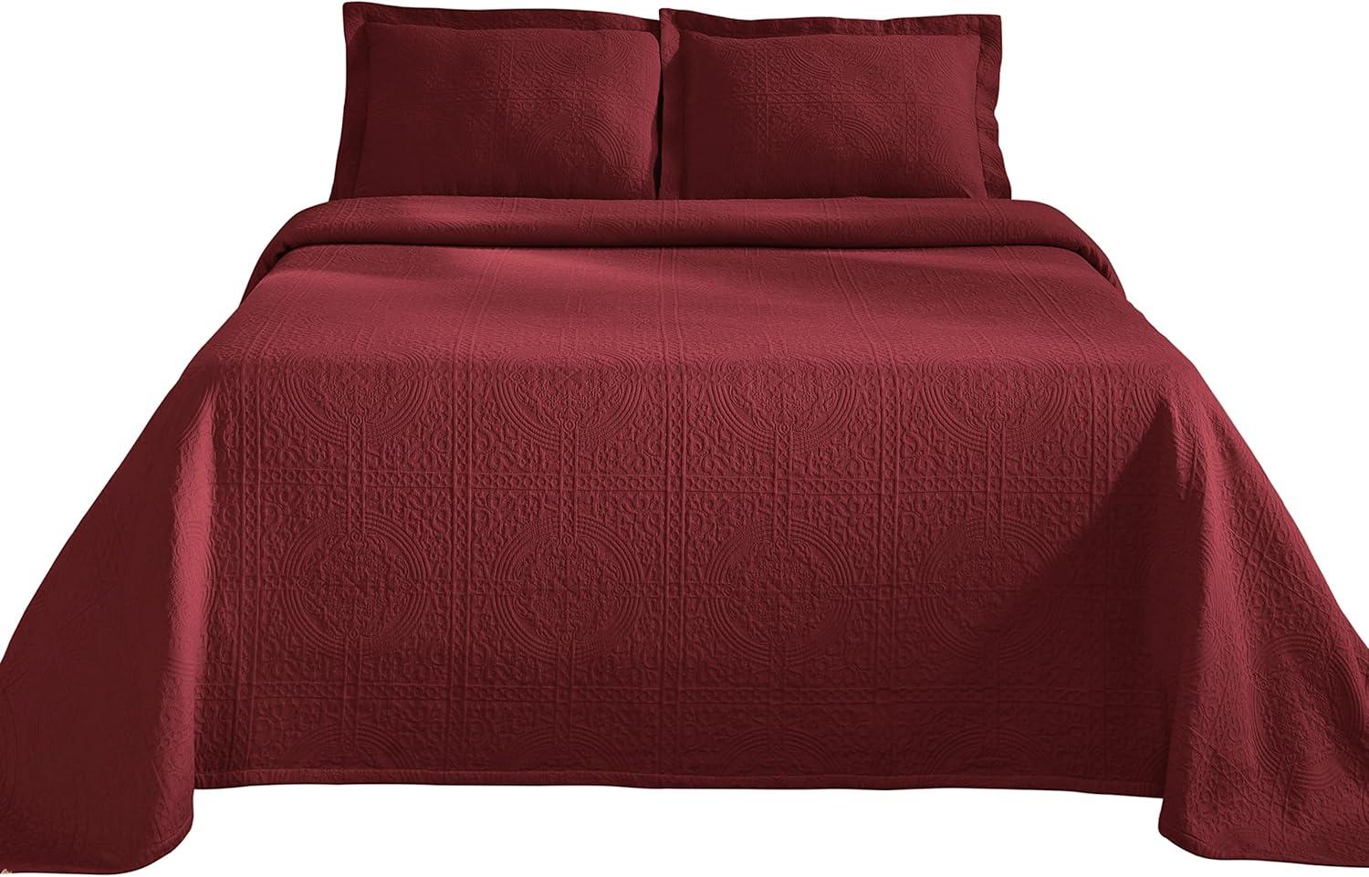 Superior Jacquard Matelasse Cotton Bedspread Set of 3 Pieces, Twin, Garnet