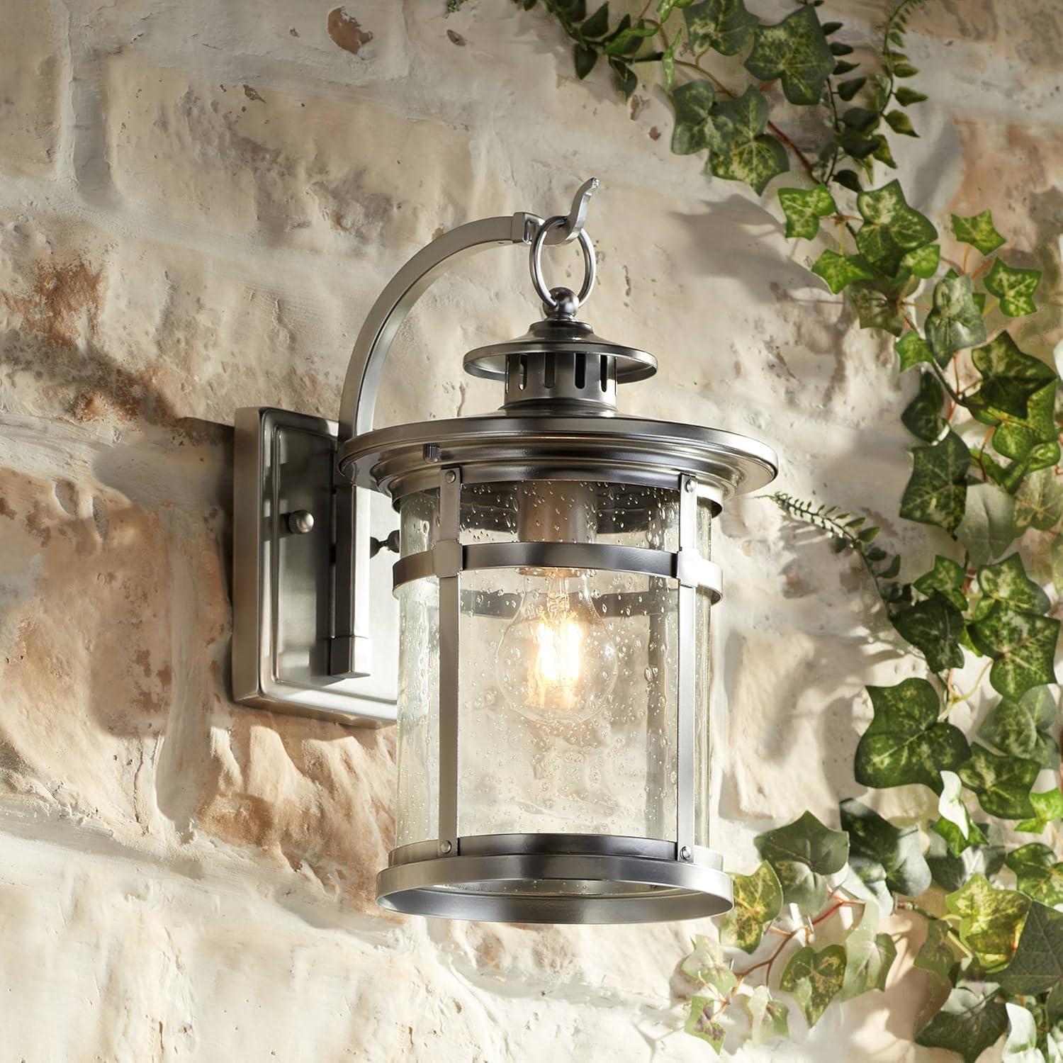 Callaway Chrome 14.5" Outdoor Lantern Wall Light with Seedy Glass