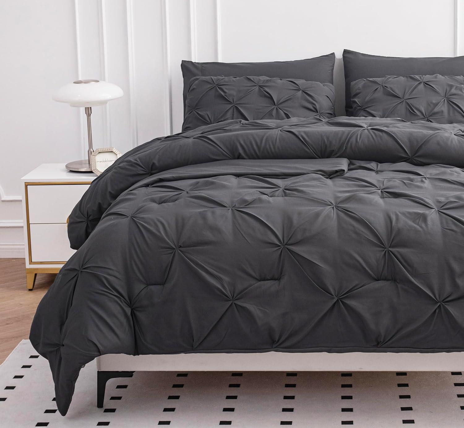 King Size Comforter Set - Bedding Set King 7 Pieces, Pintuck Bed in a Bag Grey Bed Set with Comforter, Sheets, Pillowcases & Shams