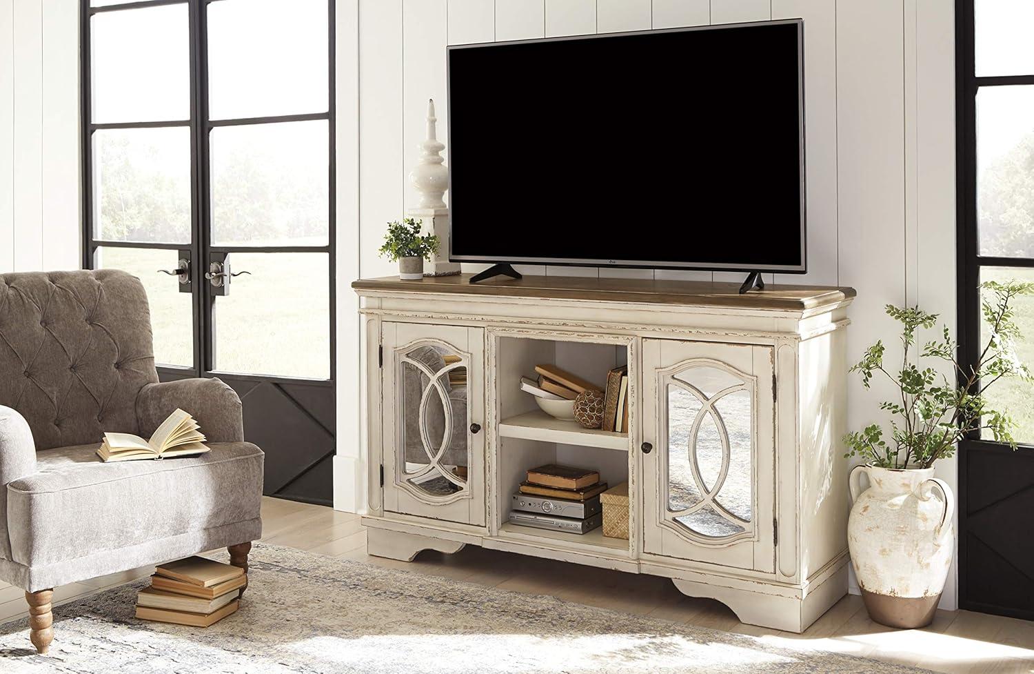 Realyn Chipped White 61" Traditional TV Stand with Fireplace Cabinet