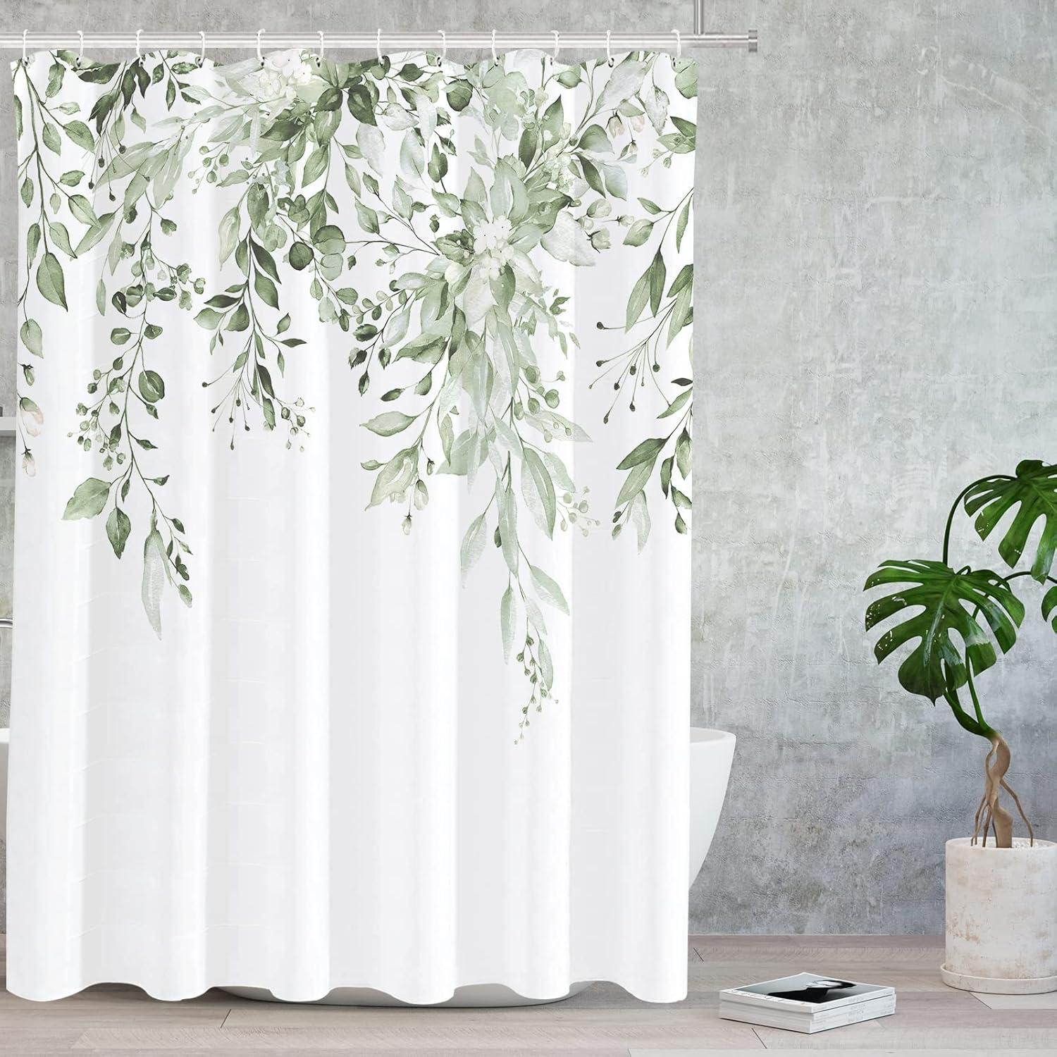 Eucalyptus Watercolor Leaves Semi-Sheer Waterproof Shower Curtain