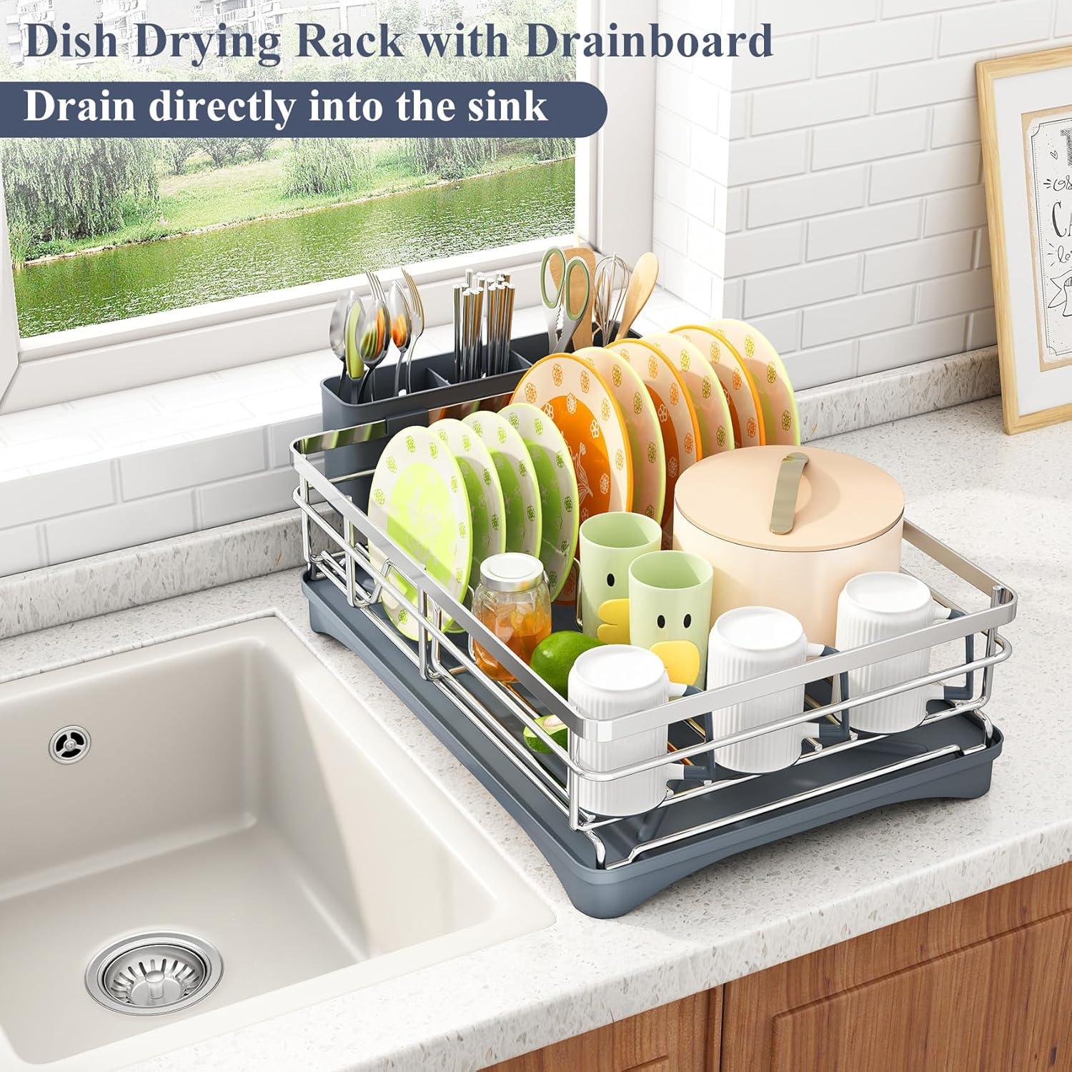 Dish Drying Rack - Stainless Steel Dish Rack for Kitchen Counter, Large-Capacity Dish Drainer with Cutlery Holder, Kitchen Organizer for Dishes, Spoons and Forks, Black