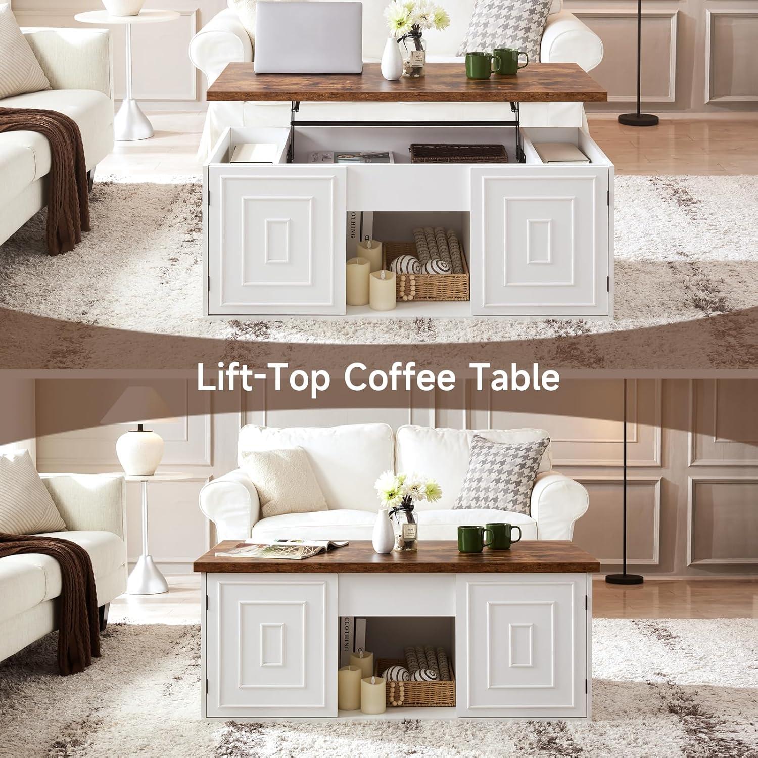 47.3" Lift Top Coffee Table, Farmhouse Coffee Table for Living Room, White Lift Top Coffee Table with Large Hidden Storage Compartment and Sliding Barn Doors, White