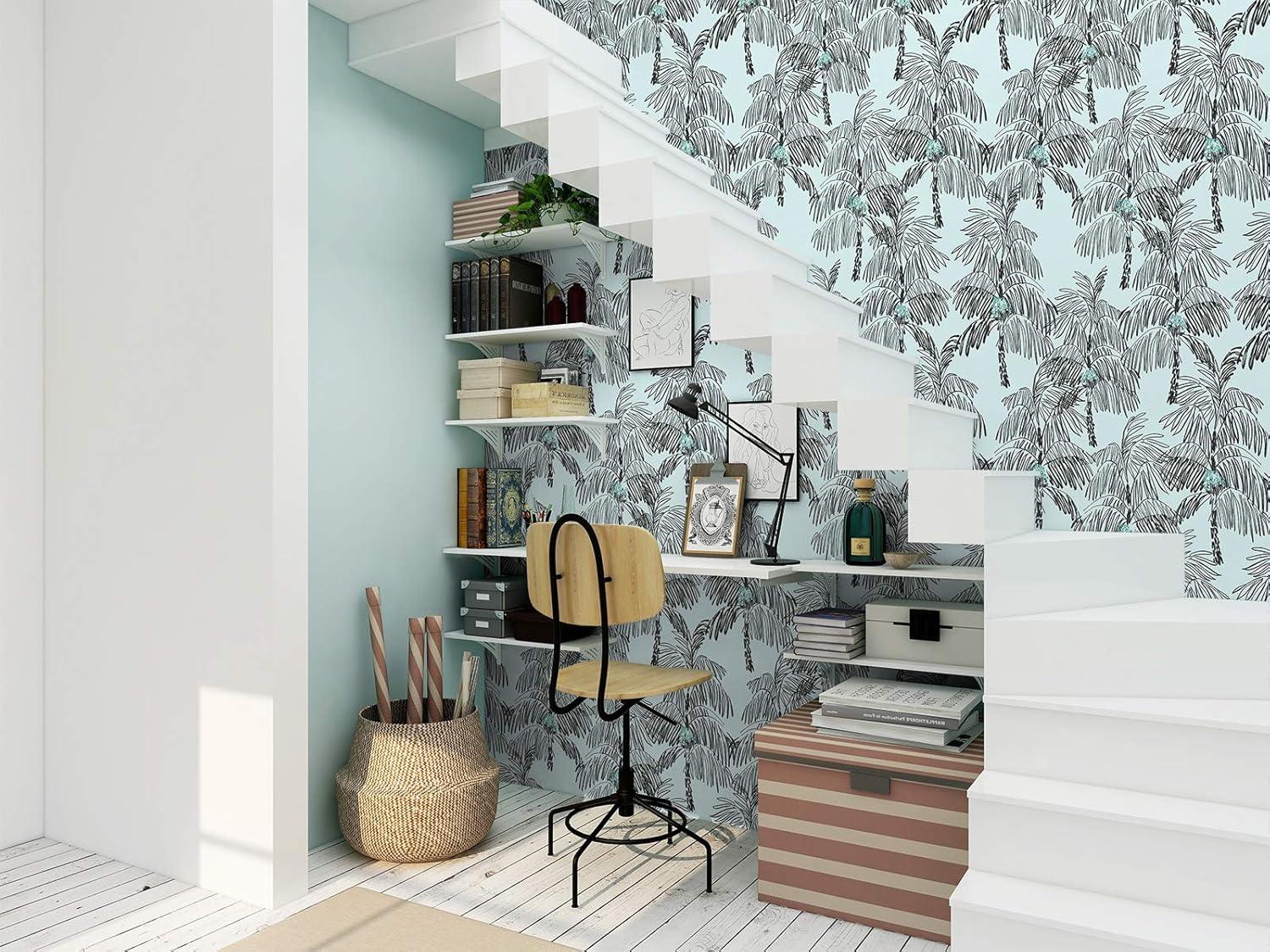 NextWall  Palm Beach Peel and Stick Wallpaper Sky Blue & Black