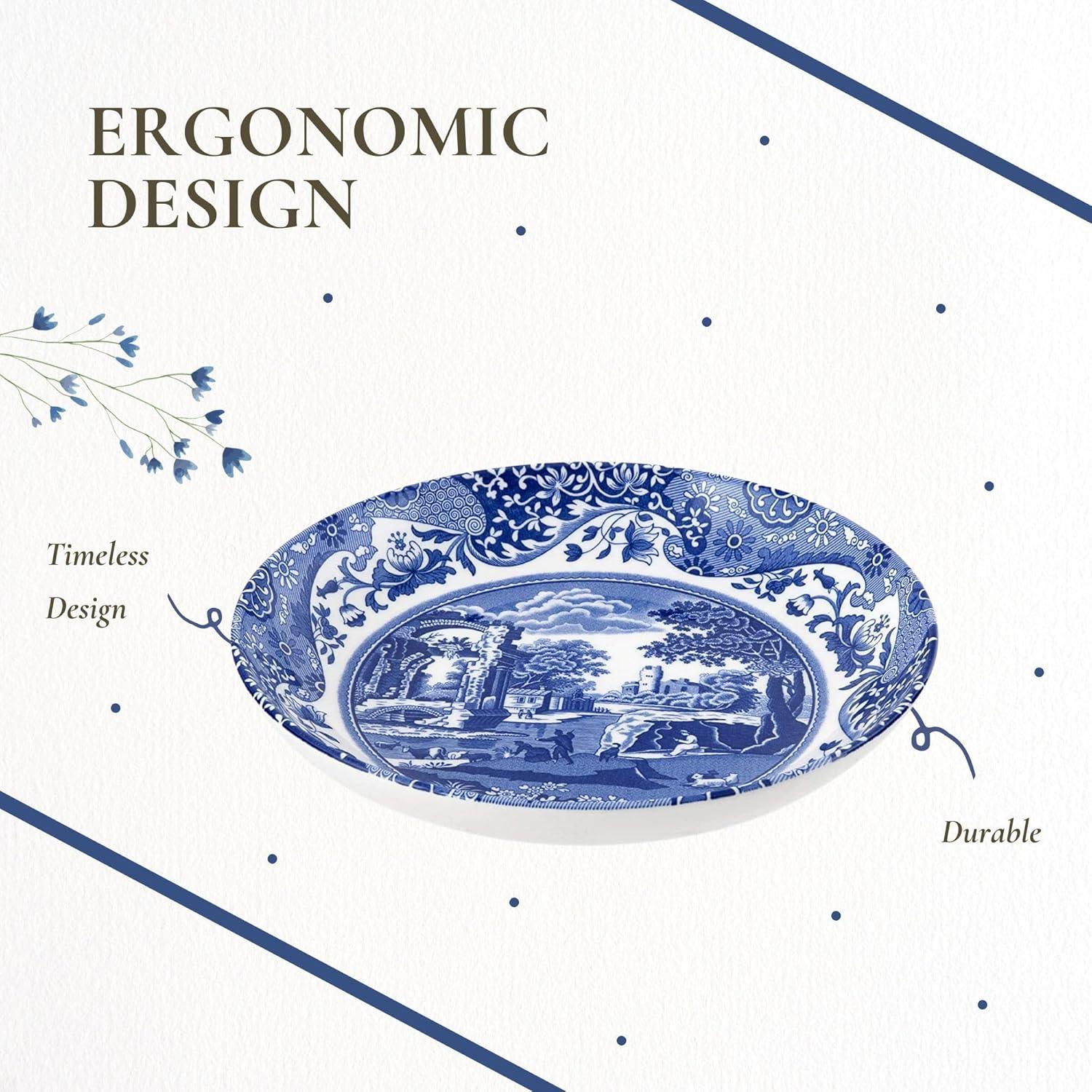 Spode Blue Italian Ascot 8-Inch Cereal Bowl - Decorative Earthenware Dinnerware with Scenic Border Design