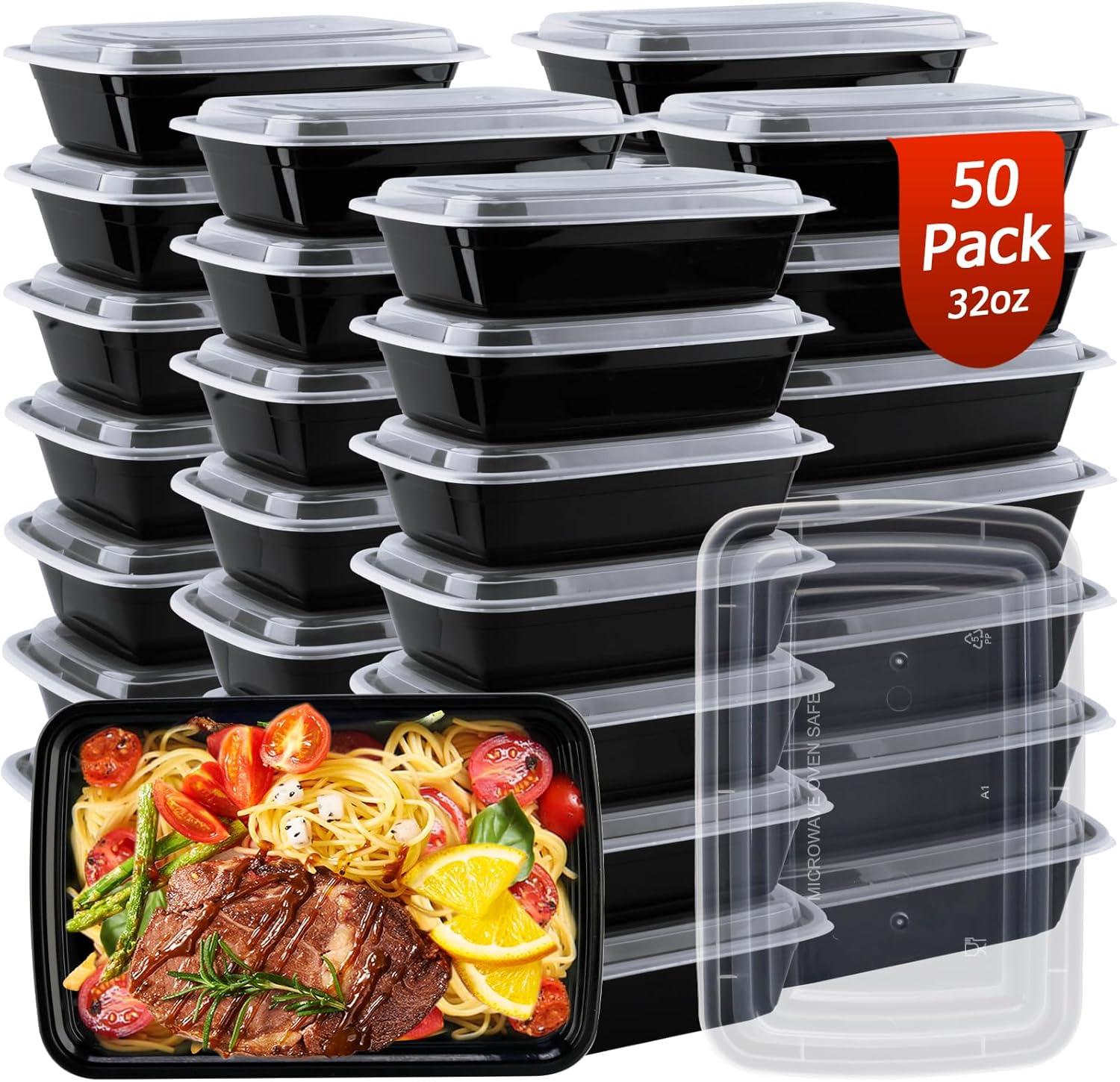 Black 32oz Plastic Meal Prep Containers with Lids, Set of 50