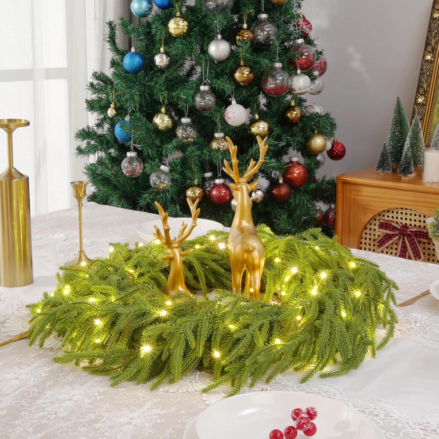 24-Inch Artificial Pine Christmas Wreath with Lights and Ribbon