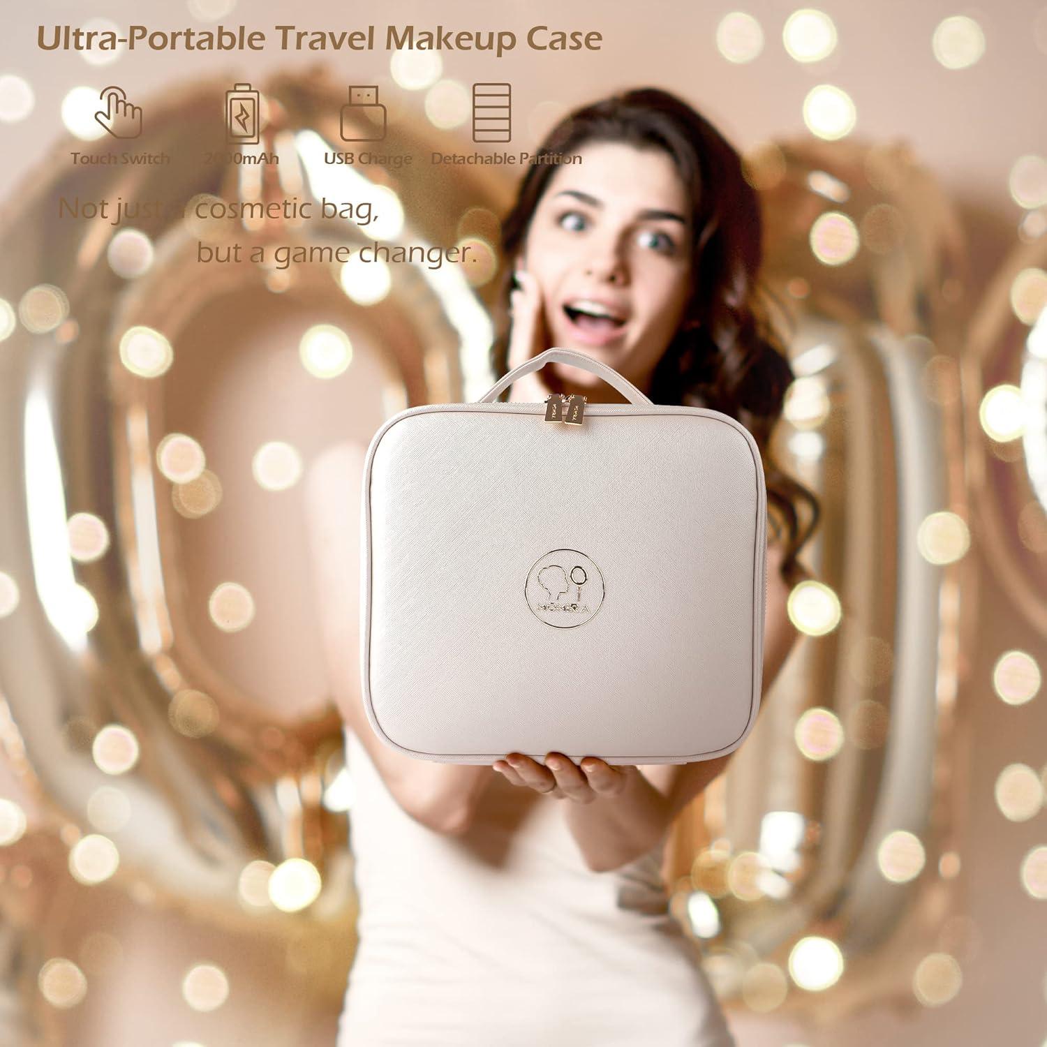 MOMIRA Makeup Bag with Mirror and Light Travel Makeup Train Case Cosmetic Bag Organizer Portable Artist Storage Bag with Adjustable Dividers Makeup Brushes Storage Organizer Brilliant Creamy White