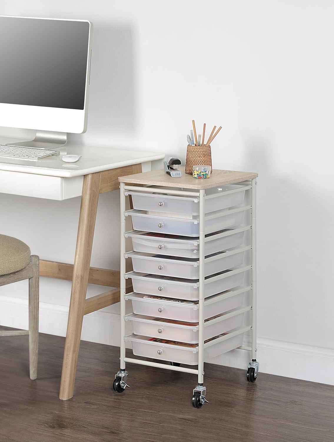 SunnyPoint 8-Drawer Rolling Storage Cart with Wooden Top – Mobile Organizer with Lockable Wheels for Office, Home, and Closet Storage (White)