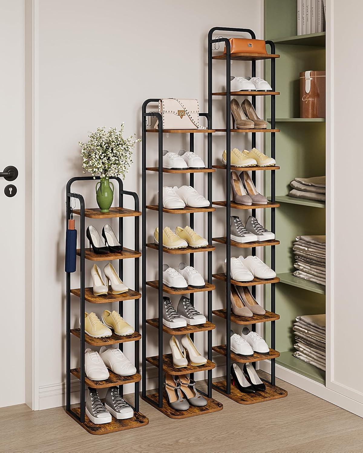 Vertical Shoe Rack, Shoe Shelves, Wood Shoe Organizer For Closet, Entryway, Shoe Tower For Small Spaces, Free Standing, Adjustable, With 2 Hooks, 6 Tier Rustic Brown