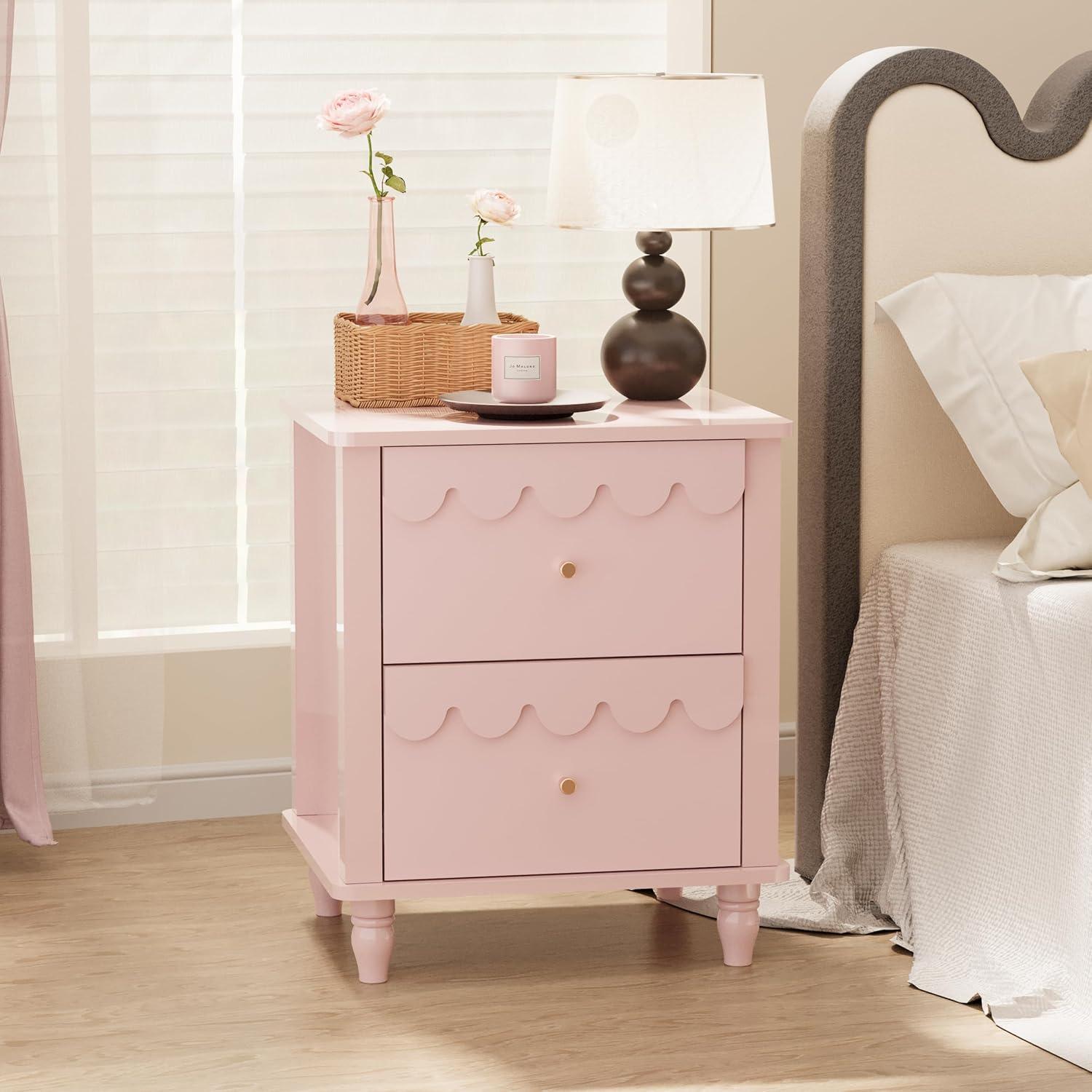 Pink MDF 2-Drawer Scalloped Nightstand with Solid Wood Legs