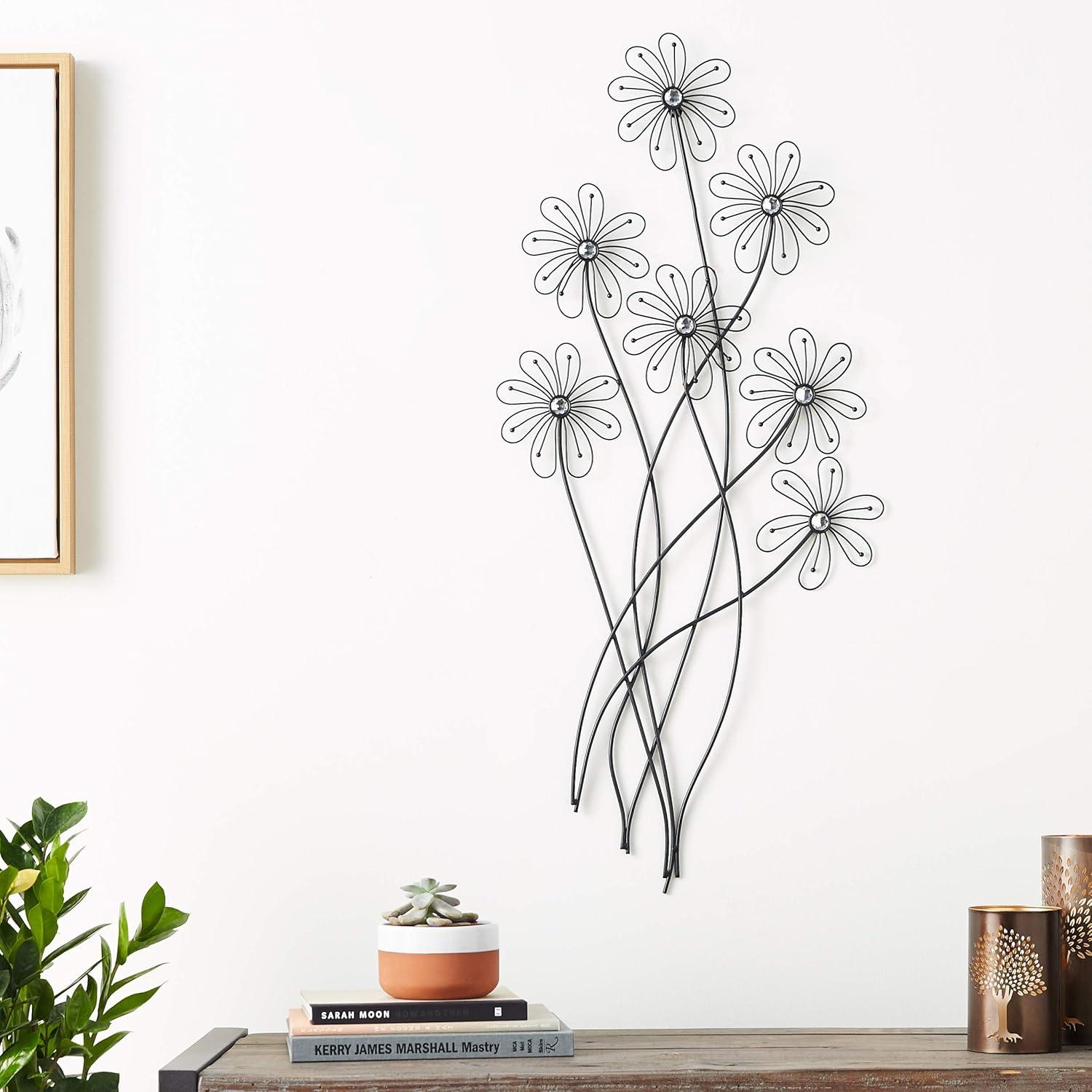 DecMode Black Metal 3D Wire Floral Wall Decor with Crystal Embellishments