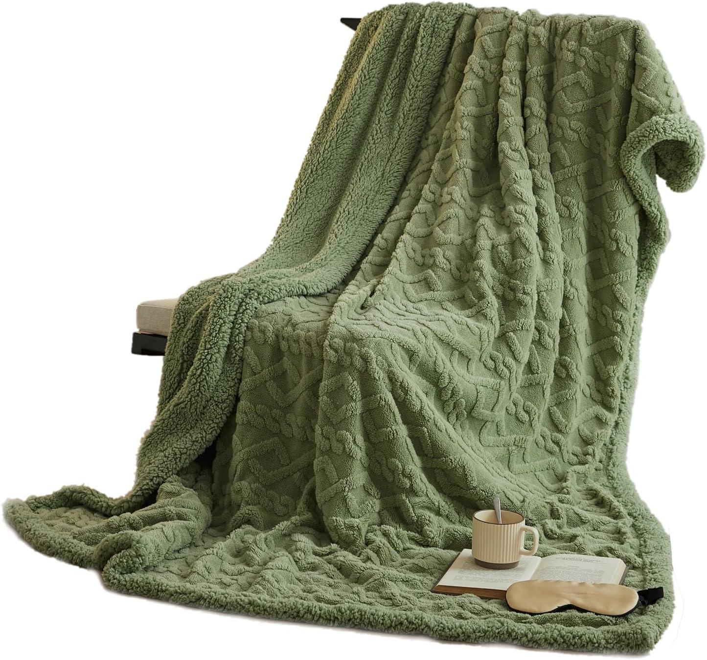 Sage Green Sherpa Fleece Reversible Throw Blanket 80" x 60"