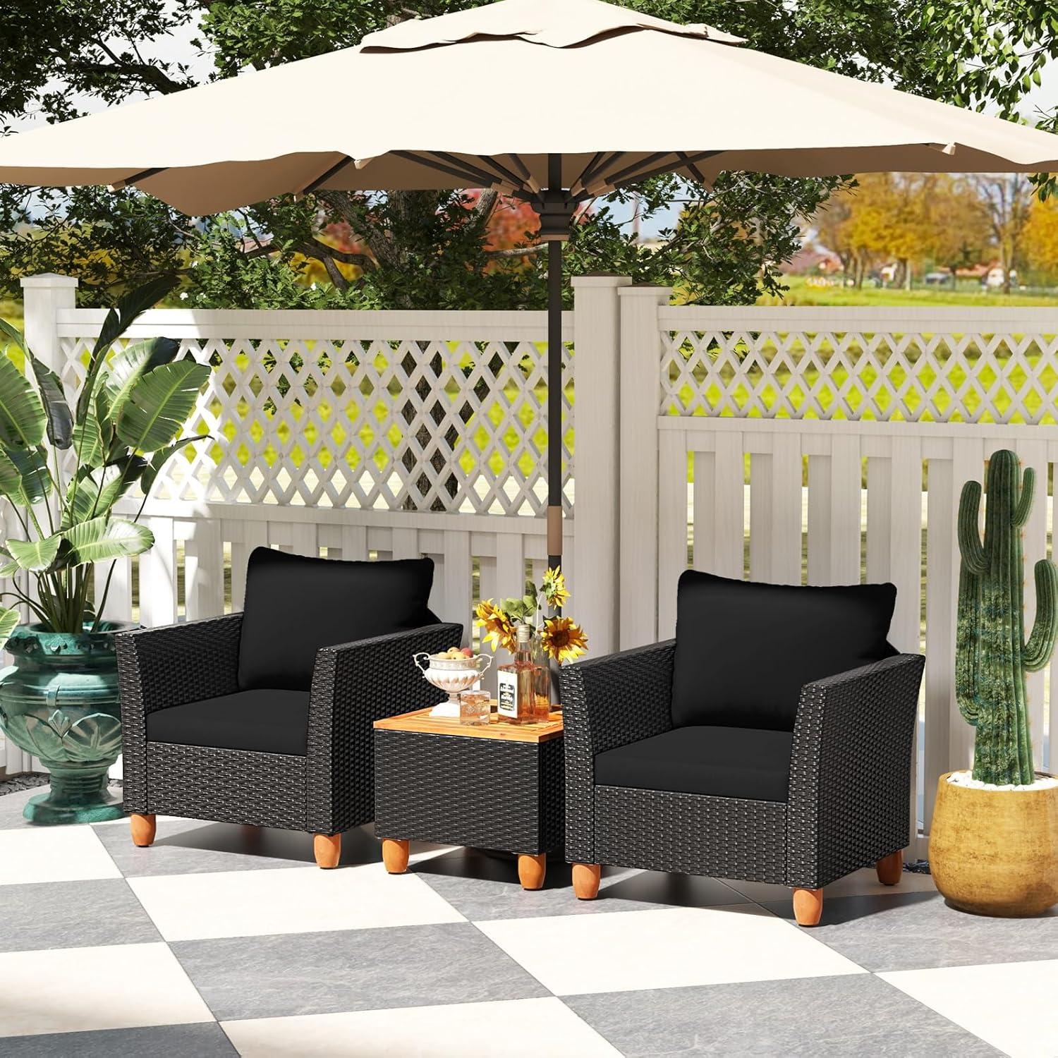 Costway 3PCS Outdoor Patio Rattan Furniture Set Wooden Table Top Cushioned Sofa Black