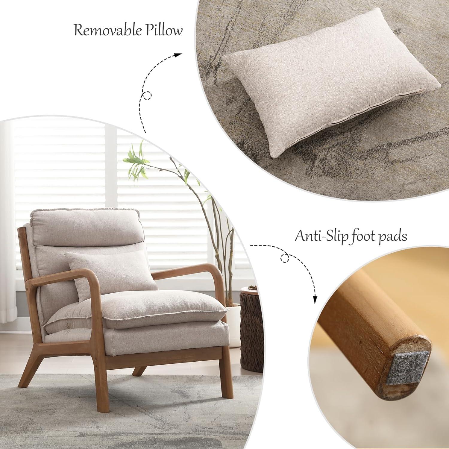 Karl home Accent Chairs Set of 2, Mid-Century Modern Chair with Pillow Upholstered Lounge Arm Chair with Solid Wood Frame & Soft Cushion for Living Room, Bedroom, Balcony, Beige
